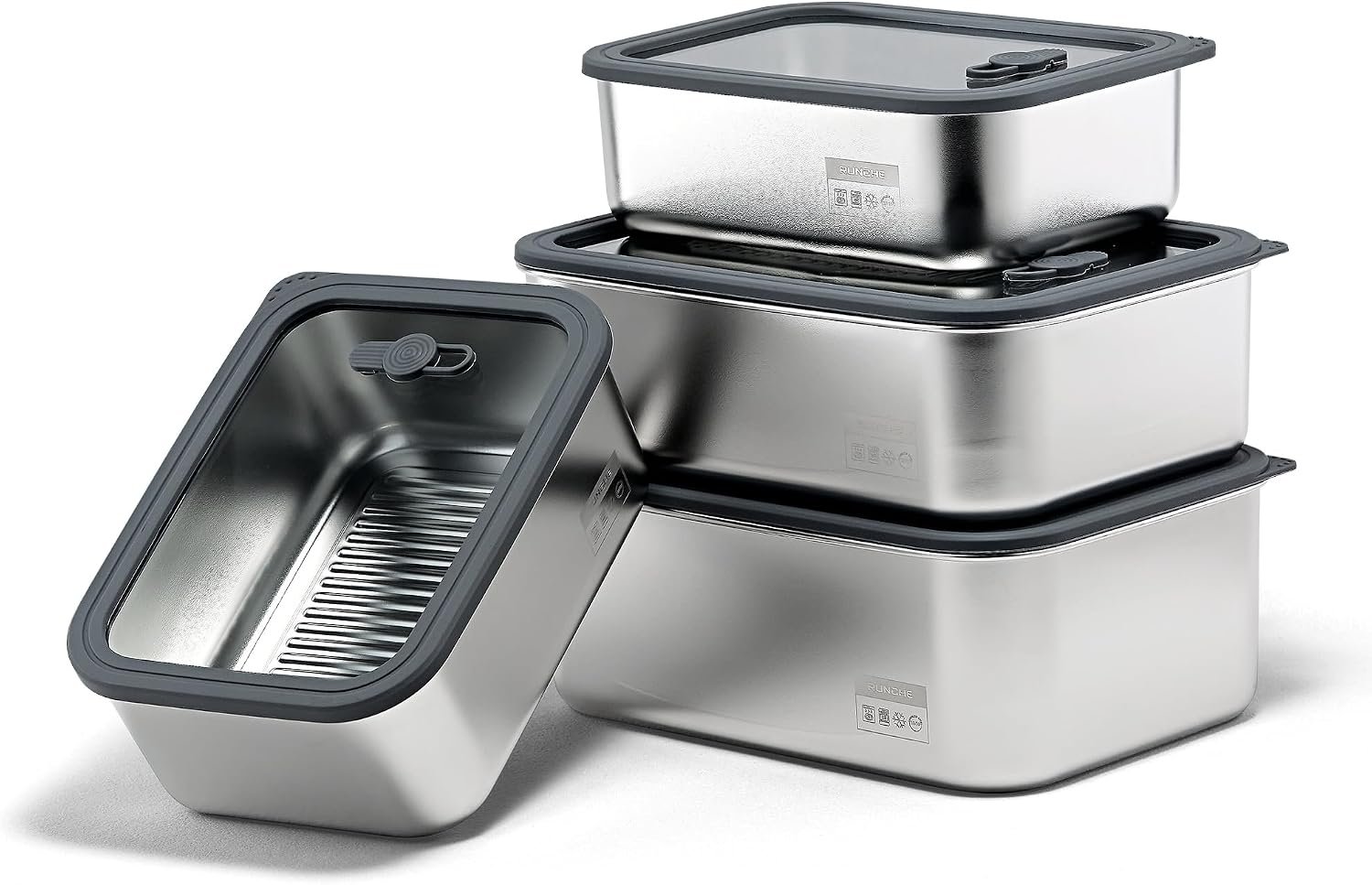Stainless Steel Food Containers with Glass Lids, 4-Piece Airtight Food Storage Set, Rectangular, Stackable, Microwave and Dishwasher Safe, 44, 54, 78 and 88 oz, Silver Gray