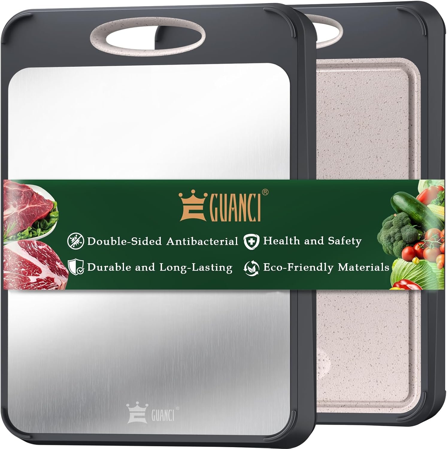 GUANCI Cutting Board for Kitchen, Non Toxic 2-in-1 Double Sided Design, 304 Food Grade Stainless Steel & Wheat Straw PP Chopping Board for Meat & Vegetables, Durable Kitchen Essential, Large 16”×11”