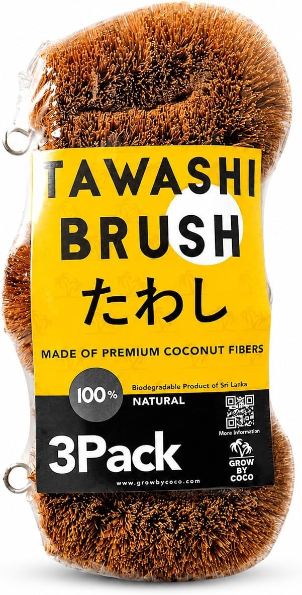 Pack of 3 Tawashi Vegetable Scrub Brush, 100% Natural Coconut Coir Fiber,Fruit Scrub,Eco Friendly Sponge Alternative,Japanese Kamenoko Design,Dish Scrubber for Cast Iron & Kitchen Cleaning