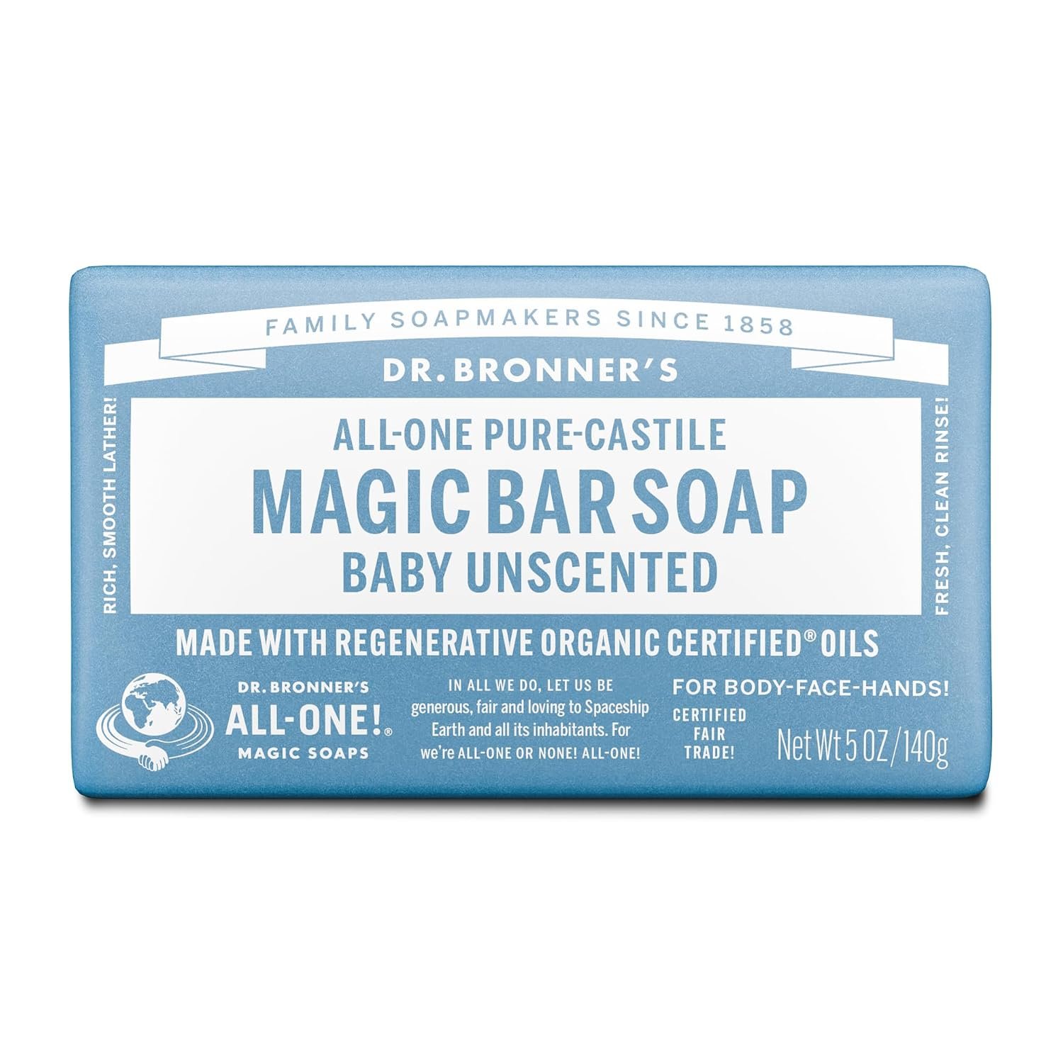 Dr. Bronner’s Pure-Castile Bar Soap, Baby Unscented, 5 oz, 1-Pack