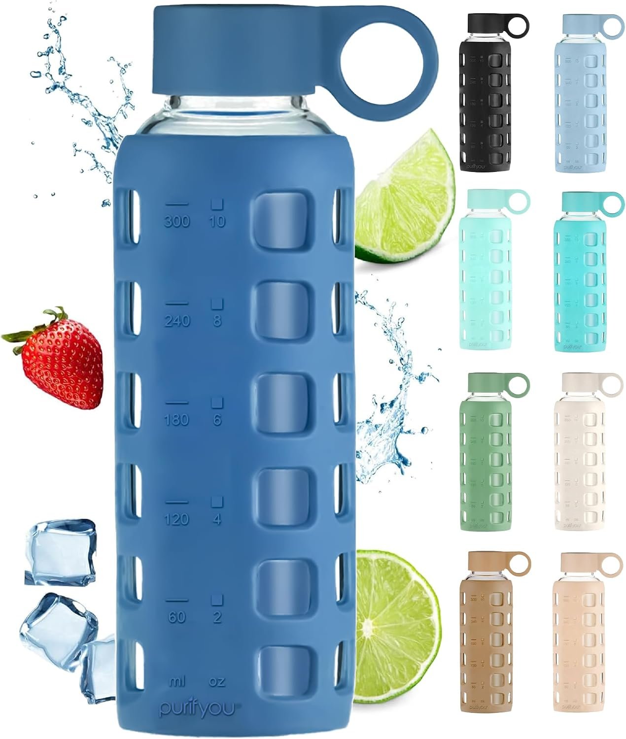 purifyou 40oz / 32oz / 22oz / 12oz Borosilicate Glass Water Bottle with Time & Volume Markers, Silicone Sleeve, Stainless Steel Lid | Reusable Glass Bottle for Water & Juice (12oz Chinese Porcelain)