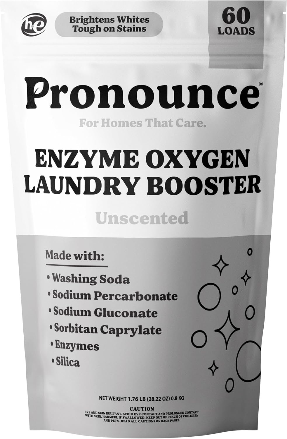 Pronounce Enzyme Oxygen Laundry Booster – Brightens White & Tough on Stains, Fights Odor. Enzyme Stain Fighter, Cleaner Ingredients, Fragrance Free – Ultra Concentrated, HE – 60 Loads (Unscented)