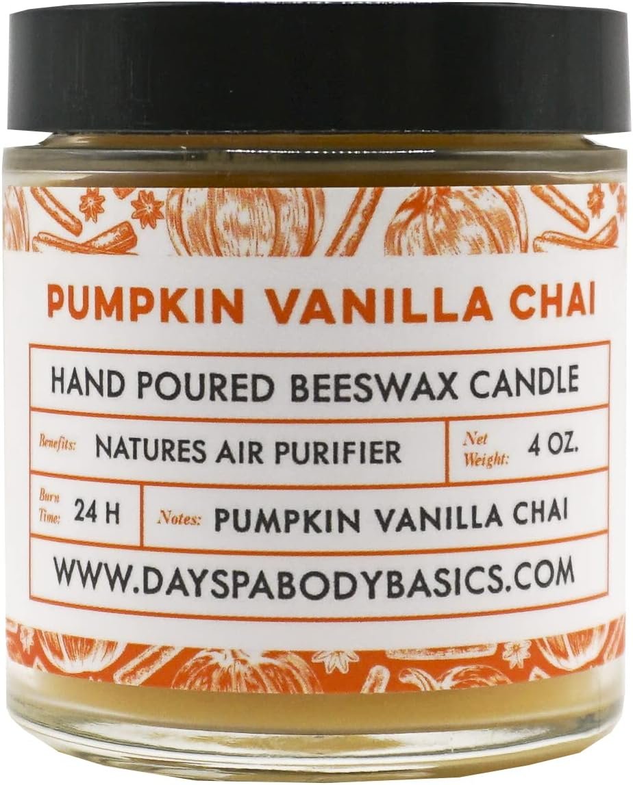 Pumpkin Vanilla Chai Hand-Poured Beeswax Candle – All-Natural, Cotton Braided Wick, Chemical Free, Smokeless, Cleans Air, Non-Toxic, Non-Polluting, Non-Allergenic, Made in USA