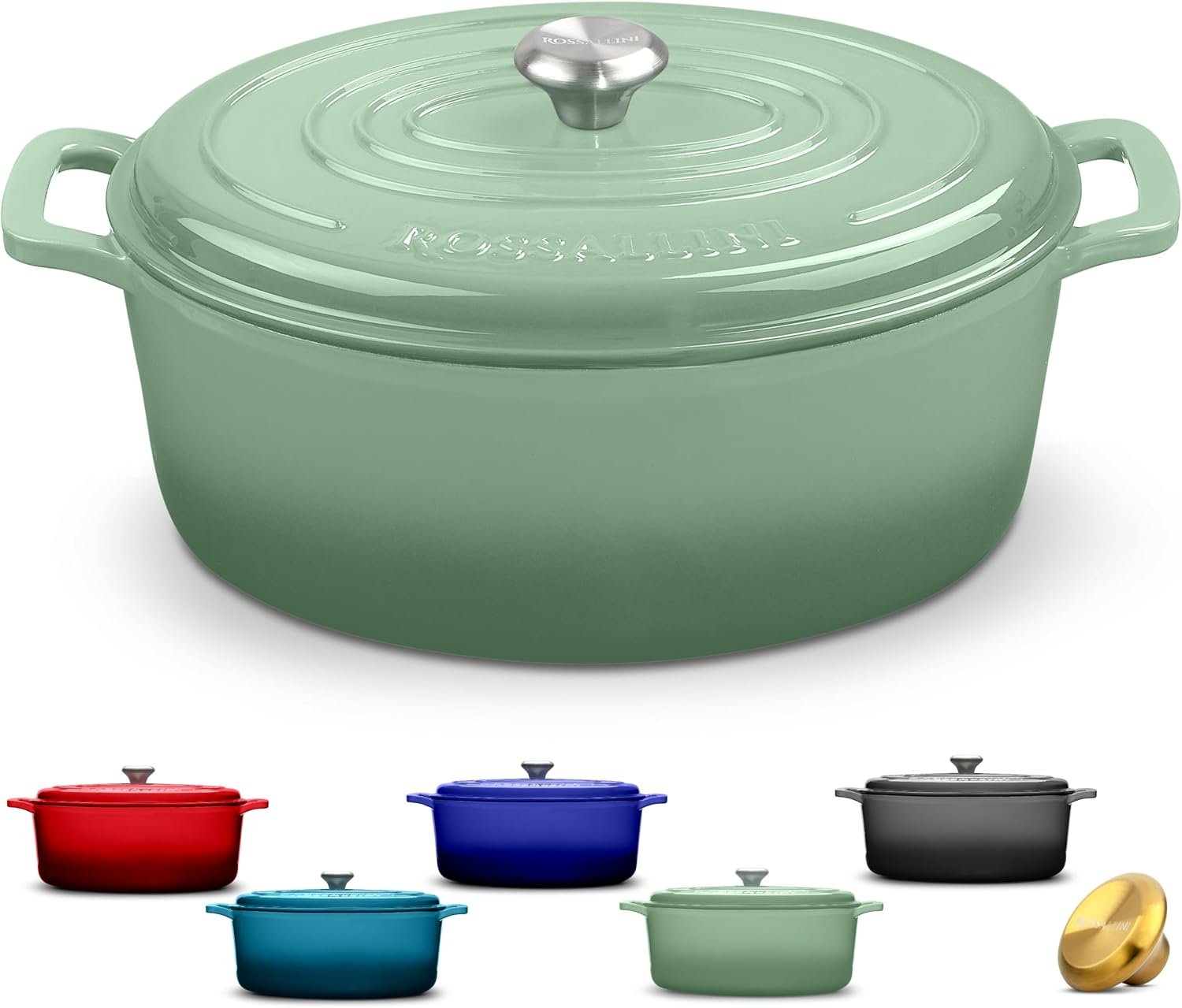 ROSSALLINI Signature Enameled Cast Iron Oval Dutch Oven | Non-Stick Serving Pot with Tight Fitting Lid for Perfect Roasting, Baking, Sauteing, and Bread Making | 5Q [Sage]