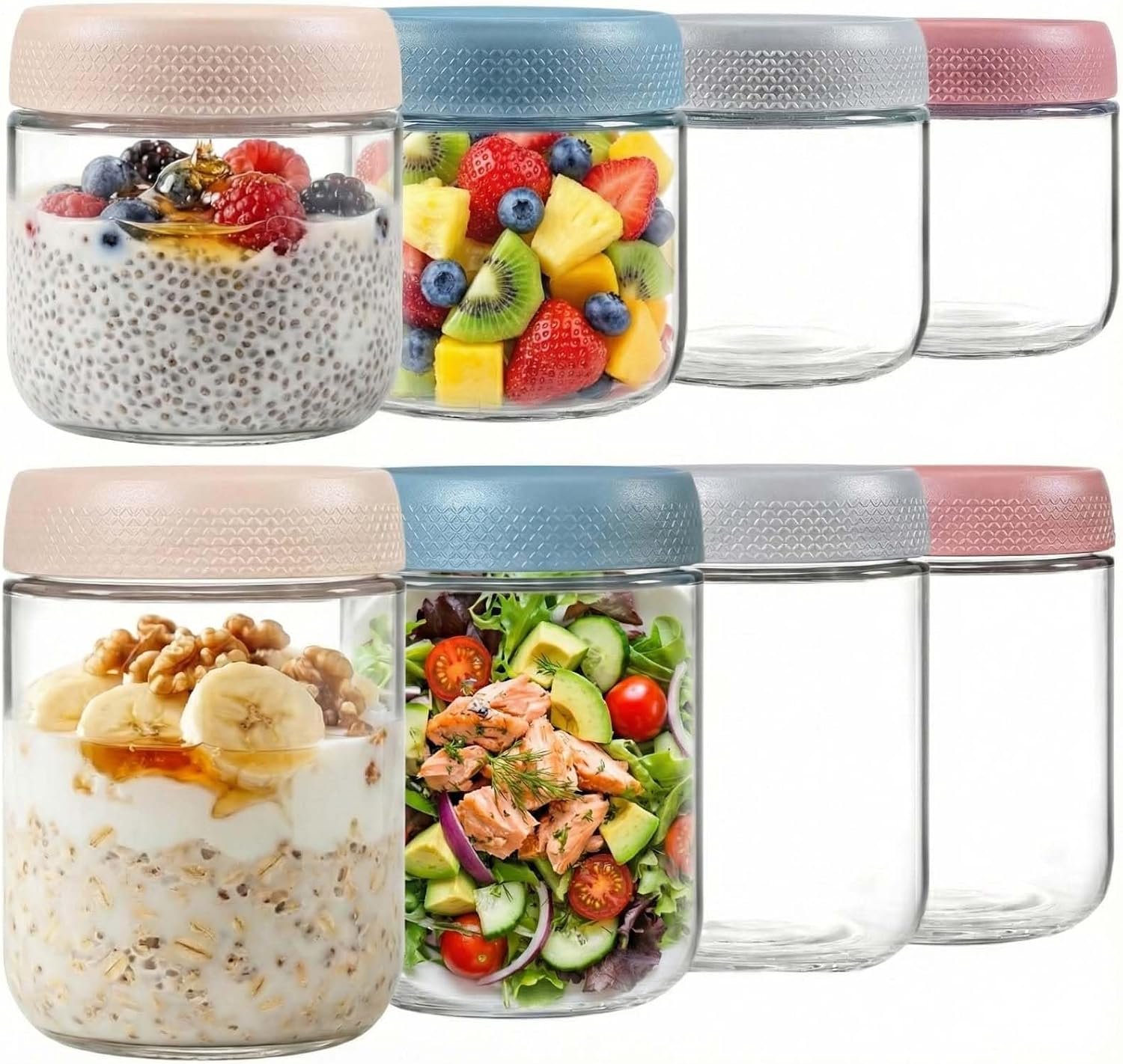 ColoVie Glass Meal Prep Jar Set, 8 Pack Overnight Oats Containers with Lids