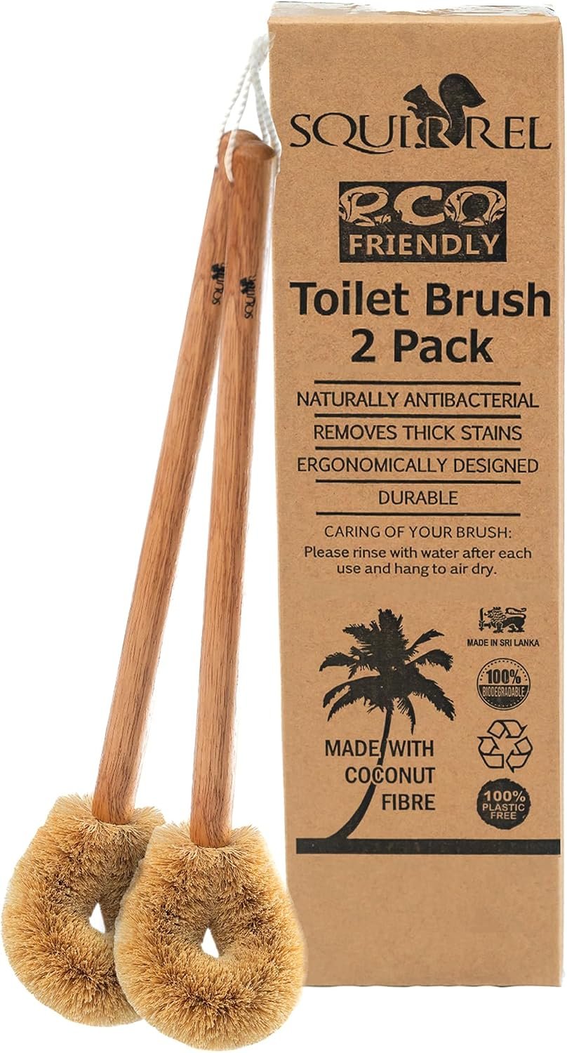 Squirrel Eco-Friendly Toilet Brush with Natural Coconut Fiber Handle and Wooden Handle, Pack of 2, Sustainable Bowl Cleaner with Hanging Hook