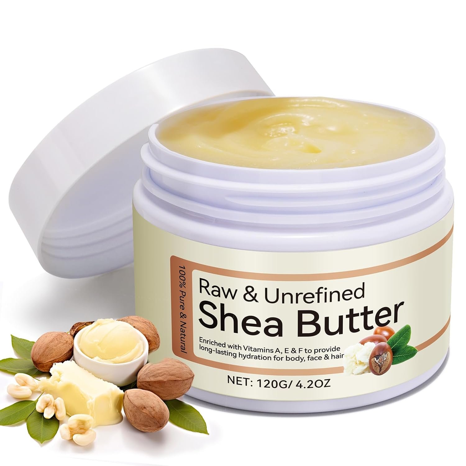 Raw Shea Butter, 4.2Oz Pure Unrefined Raw Shea Butter Contains Vitamin A, E & F, Skin Moisturizer For Face, Body & Hair, Hydrating Dry Skin