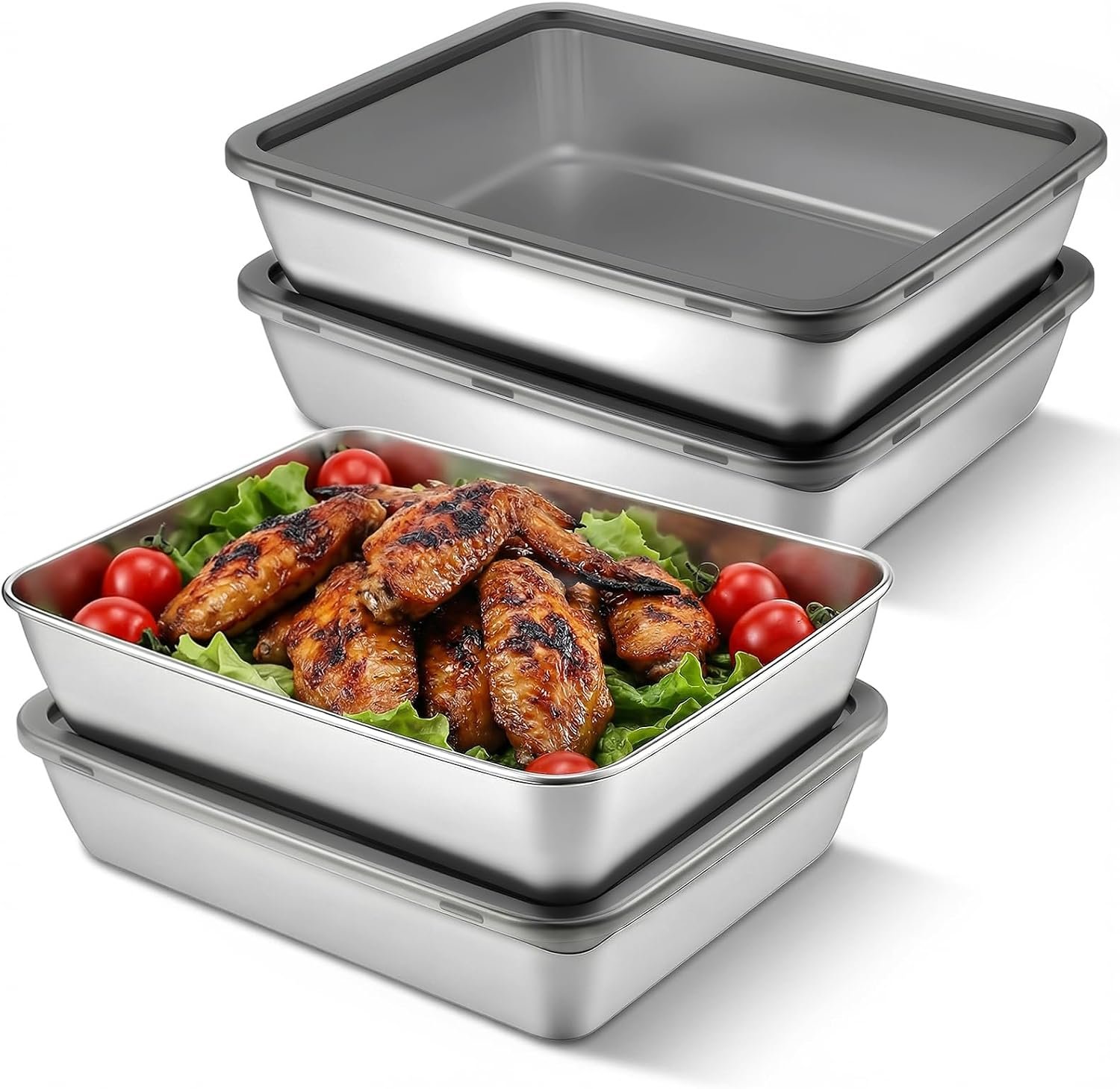 4 PCS 304 Stainless Steel Food Storage Containers with lids, 2.3 Inch Deep, 8×10 Inch Stackable Snack Storage Boxes Stainless Steel Oven plate Deli Meat Keeper for Refrigerator or Picnic, Office, Gym