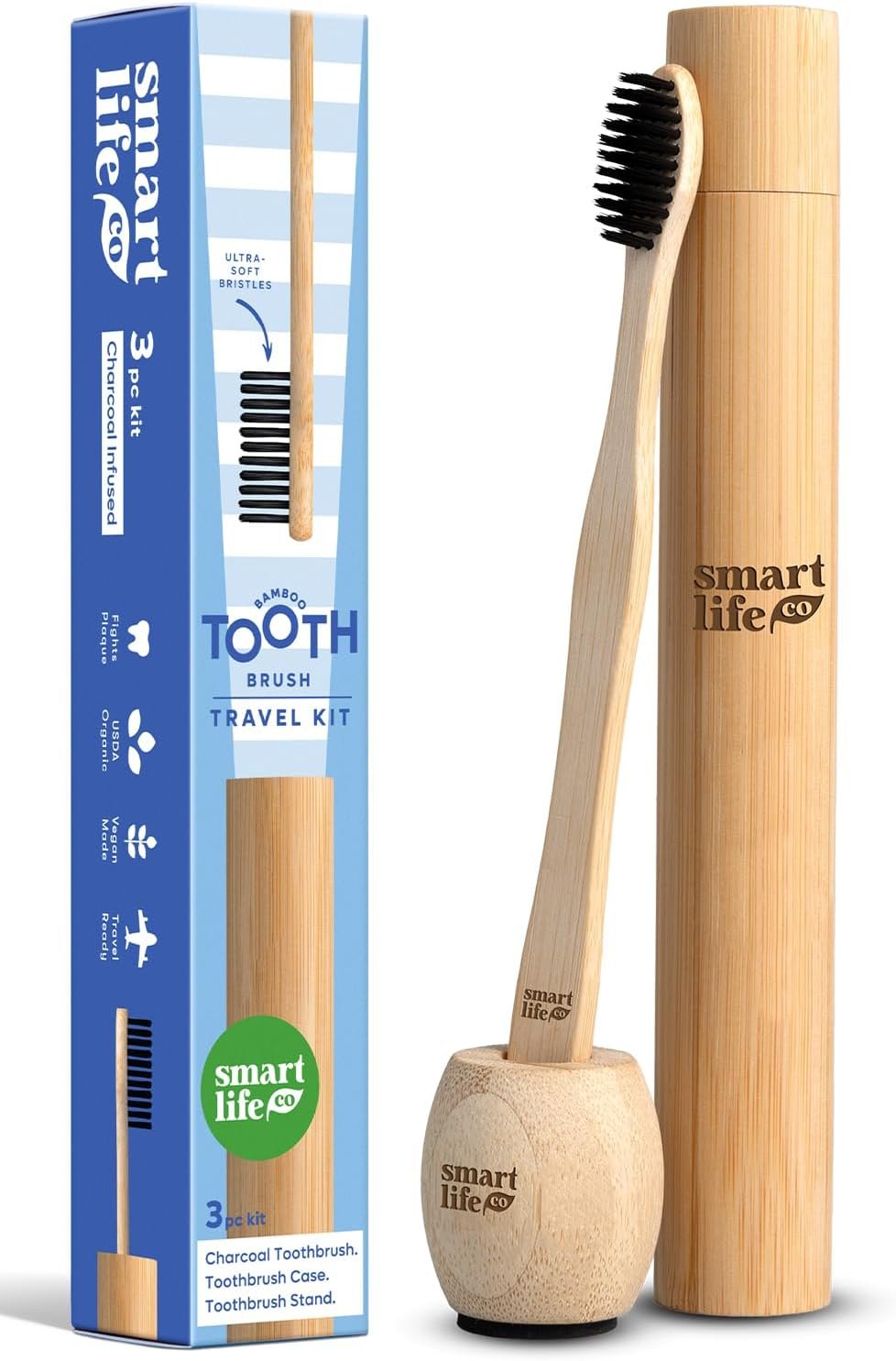 Bamboo Charcoal Toothbrush With Travel Case & Holder Kit – Extra Soft Natural Bristles For Sensitive Teeth | Eco Friendly Portable Wooden Travel Set | Single Wood Toothbrushes Stand & Cover