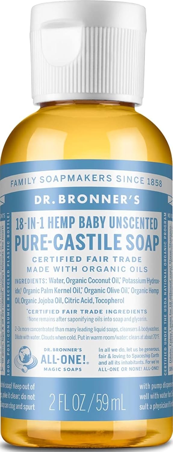 Dr. Bronner’s – Pure-Castile Liquid Soap (Baby Unscented, Travel Size, 2 ounce) – Made with Organic Oils, 18-in-1 Uses: Face, Body, Hair, Laundry, Pets and Dishes, Concentrated, Vegan, Non-GMO