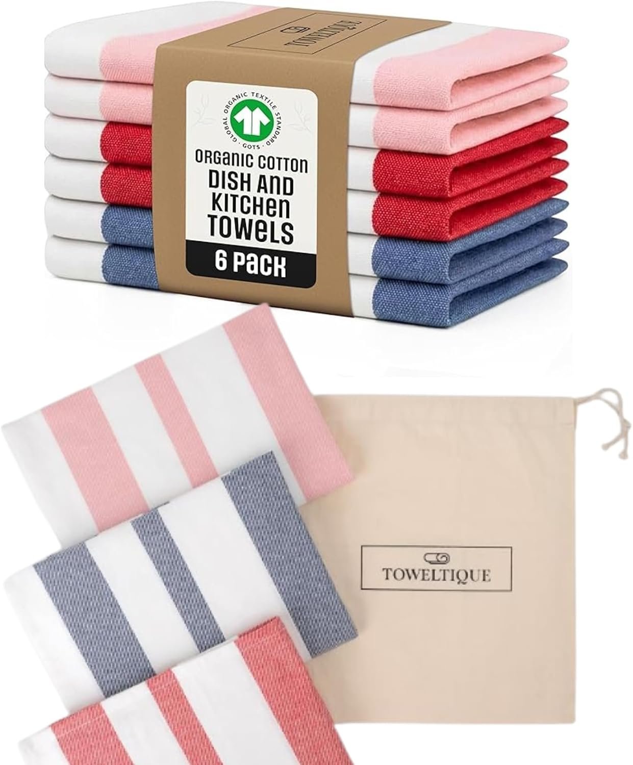 GOTS Cotton Kitchen Towels 6-Pack, Pink Red Blue, 20 x 30 in