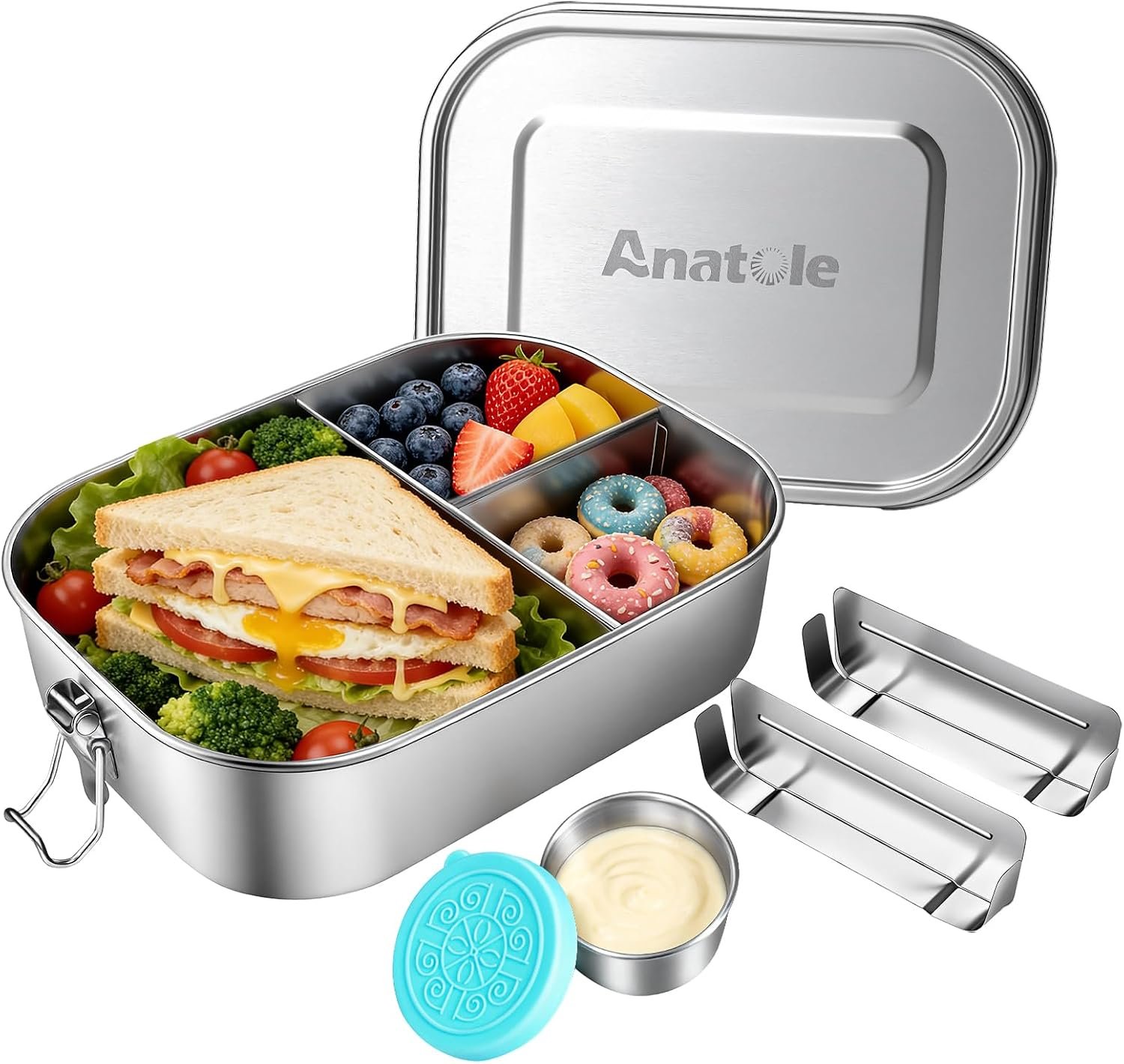 Anatole 304 Stainless Steel Bento Box 49oz 3 Compartments 2 Dividers