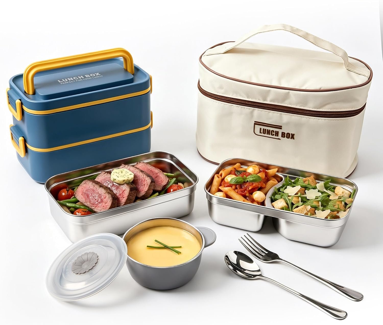 Kabbas 18/8 Stainless Steel Bento Box for Kids & Women – 66 Oz Leakproof Lunch Containers for Adults, 2Layers Stackable Metal Lunch Box with Cutlery & Insulated Bag – Ideal for Work, School, Picnic