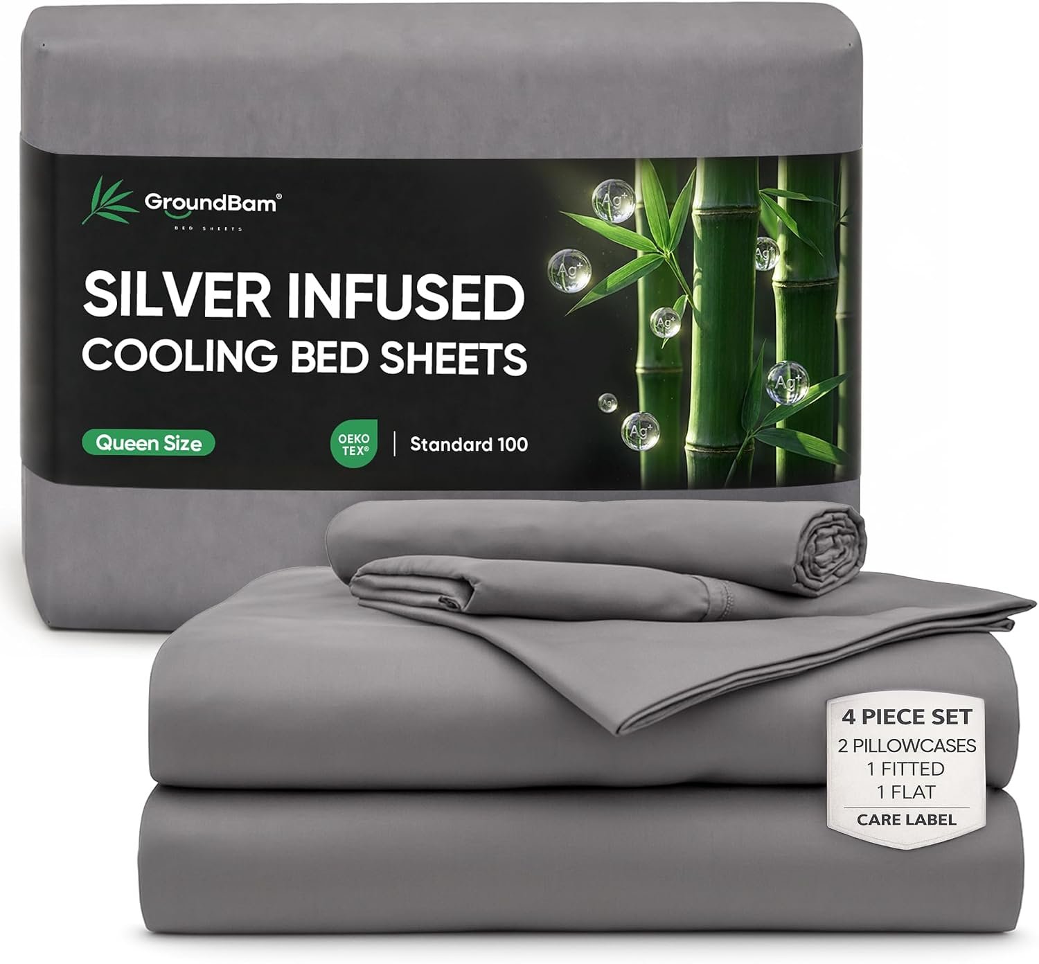 Silver Infused Bed Sheets Set, Temperature-Regulating Fabric with Self-Cleaning Technology for 3X Freshness Sleep, Genuine 100% Organic Viscose Derived from Bamboo (Queen, Darkgray)