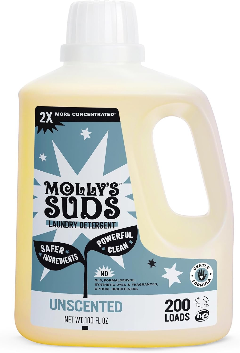 Molly’s Suds Liquid Laundry Detergent | Clean Laundry Detergent Soap for Sensitive Skin | 2x Concentrated, High Efficiency (HE) (Unscented – 200 Loads)