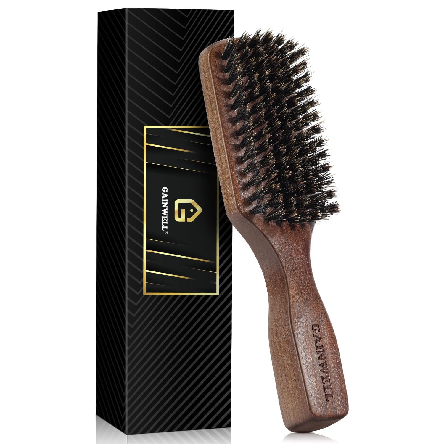 GAINWELL Wild Boar Bristle Hair Brush for Men, Slick Back Hair Brush with Stiff Boar Bristles for Thick Hair, Natural Black Walnut Wooden Handle Hairbrush, Beard Mustache Brush – Large