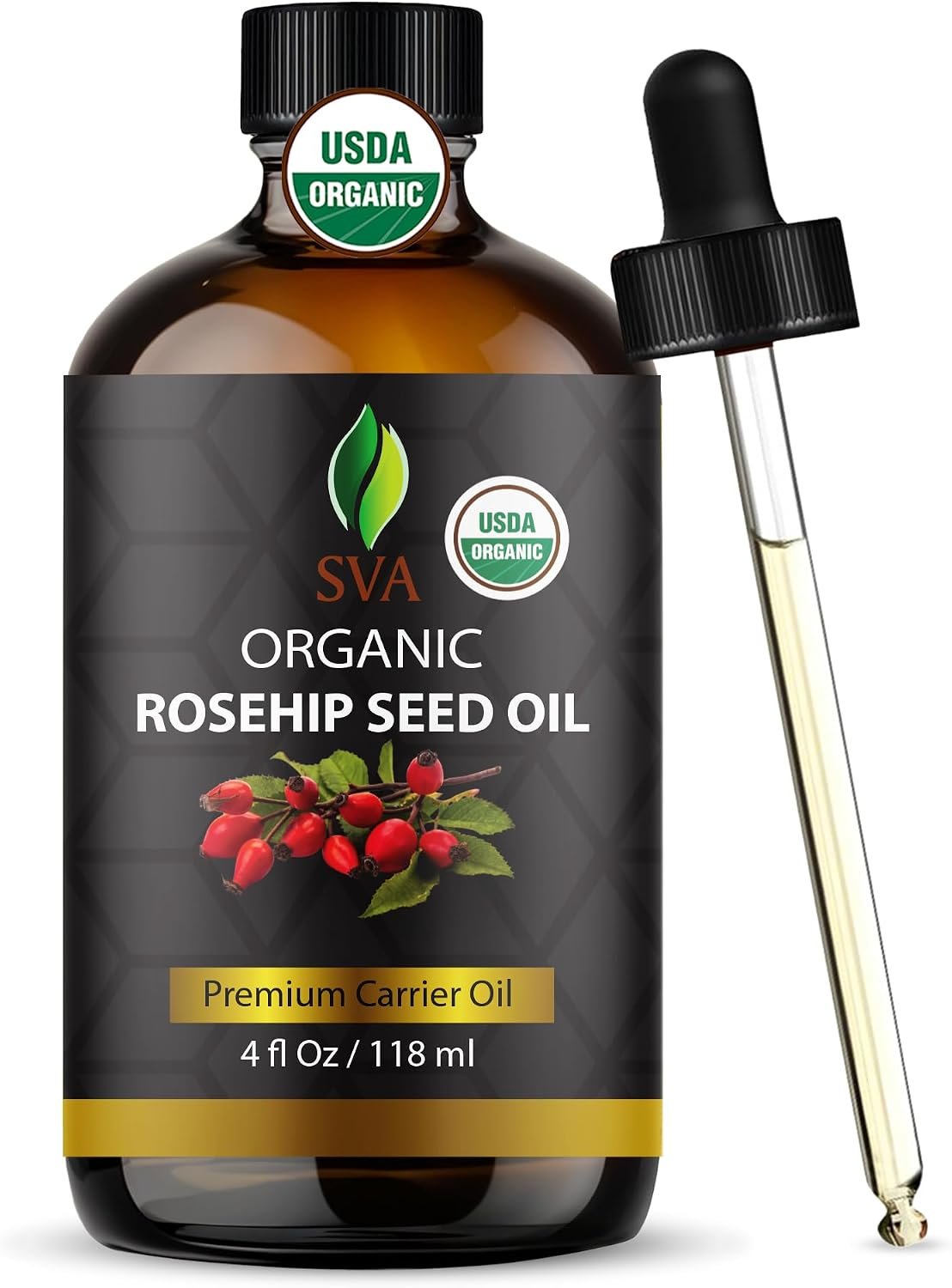 SVA Organic Rosehip Seed Oil, Glass Bottle with Dropper, 4 Fl Oz (118 ml)