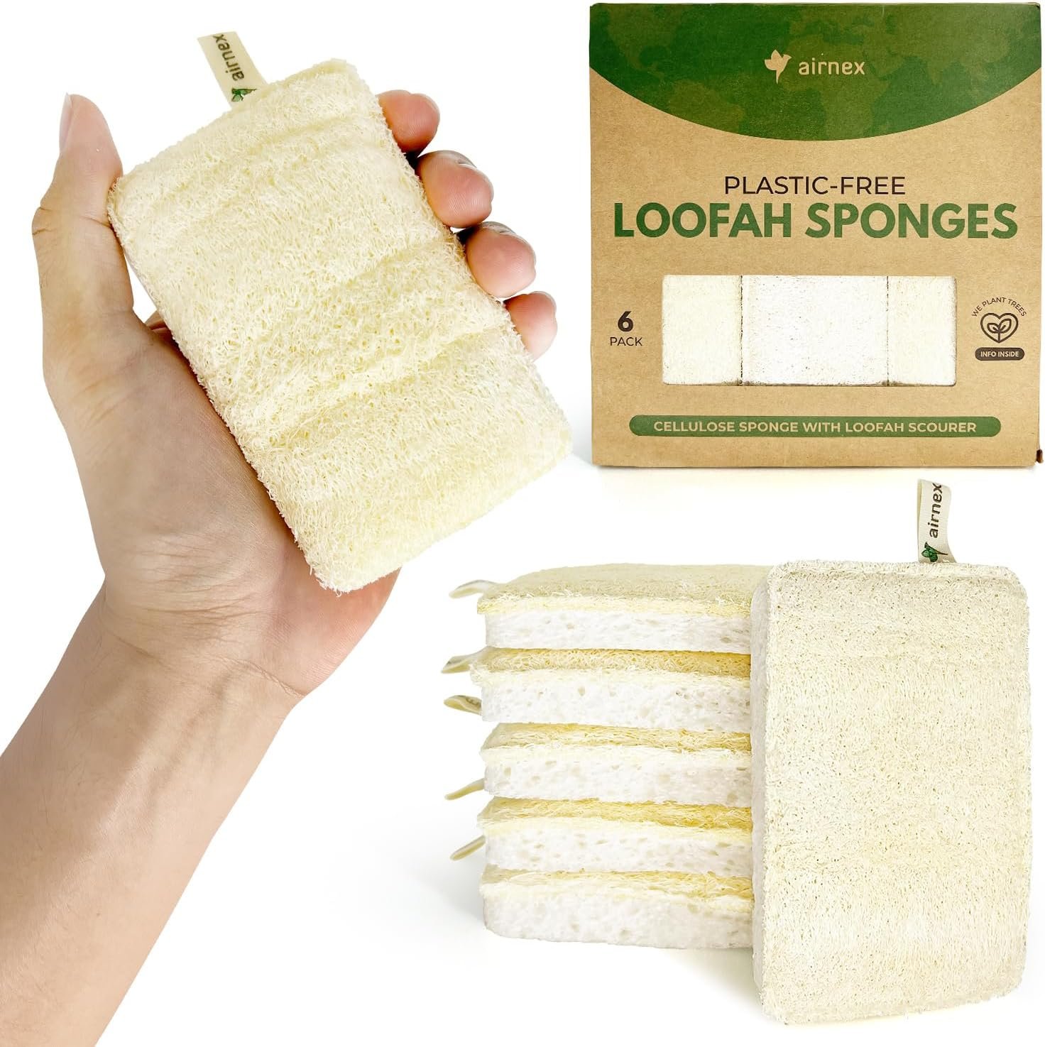 AIRNEX Natural Loofah Sponges for Dishes – Pack of 6 Plastic Free Loofah Kitchen Sponges with Cellulose Core & Cotton Loop – Non Toxic Natural Sponges for Dishes & Kitchen Cleaning