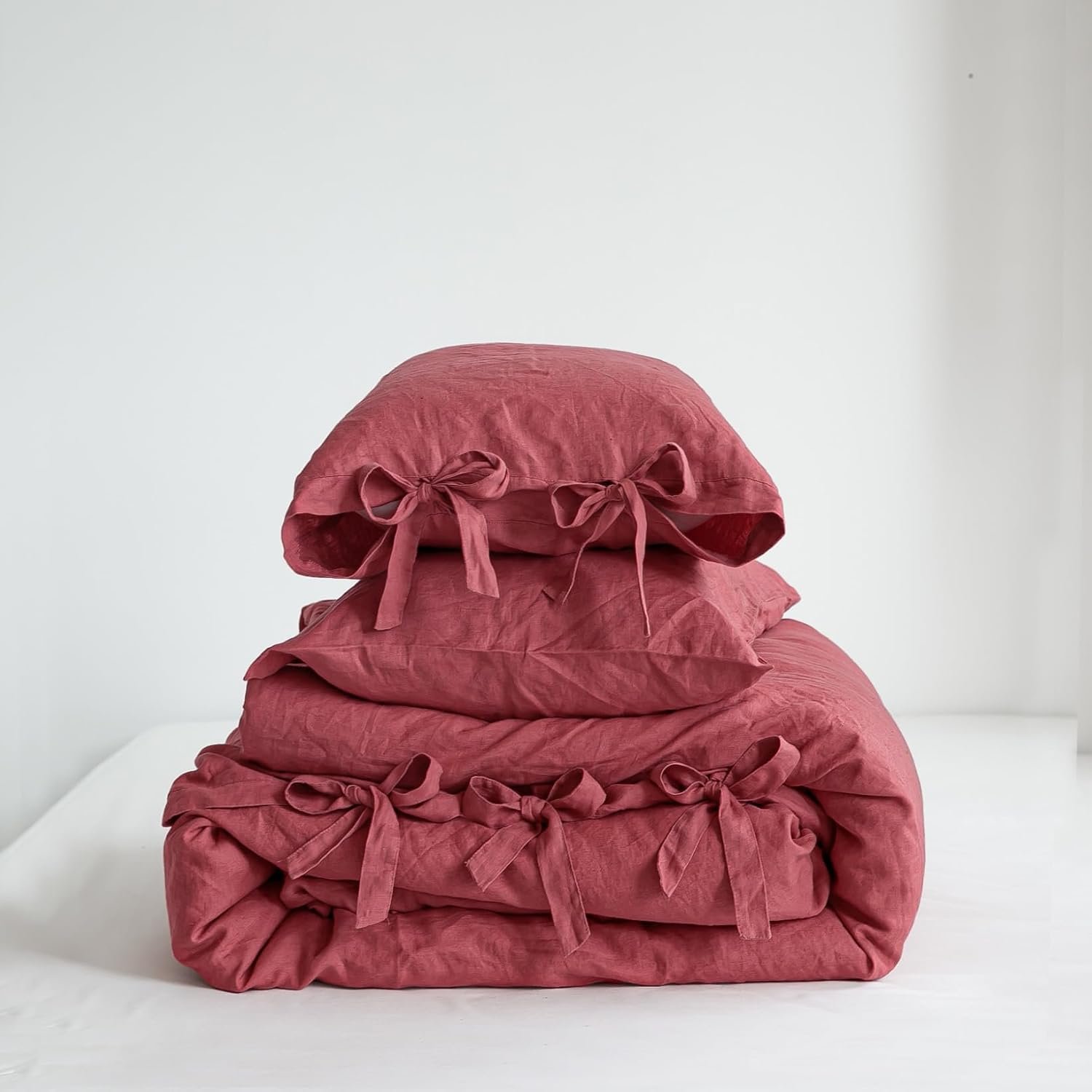 Simple&Opulence 100% French Linen Duvet Cover Set, 3 Pieces Belgian Flax Breathable Bedding, King Size 104”x92” (1 Comforter Cover+2 Pillowshams) with Tie Closure Style, Red