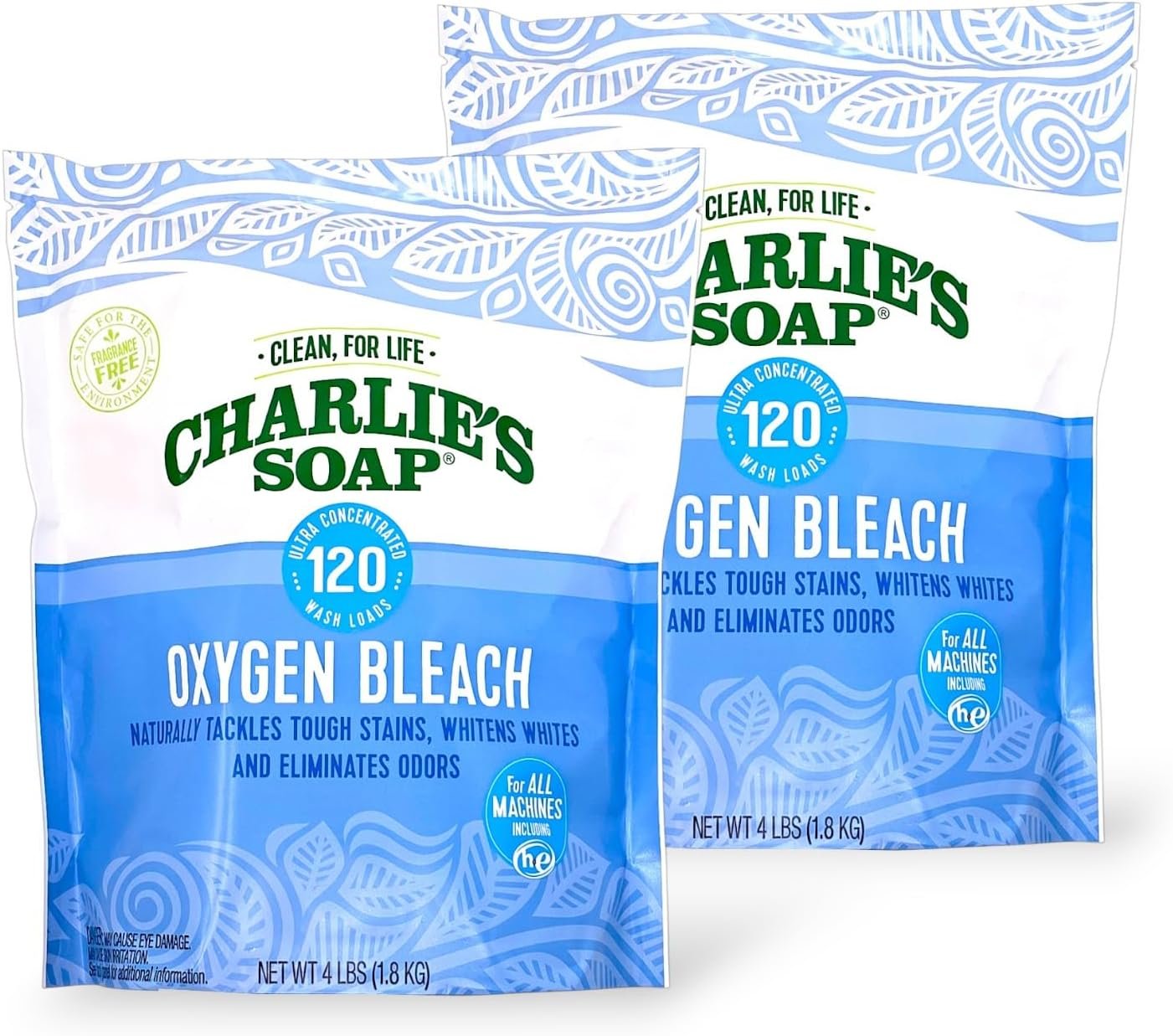 Charlie’s Soap Oxygen Bleach Powder 4 lb Bag, 2 Pack, (120 Loads Each)