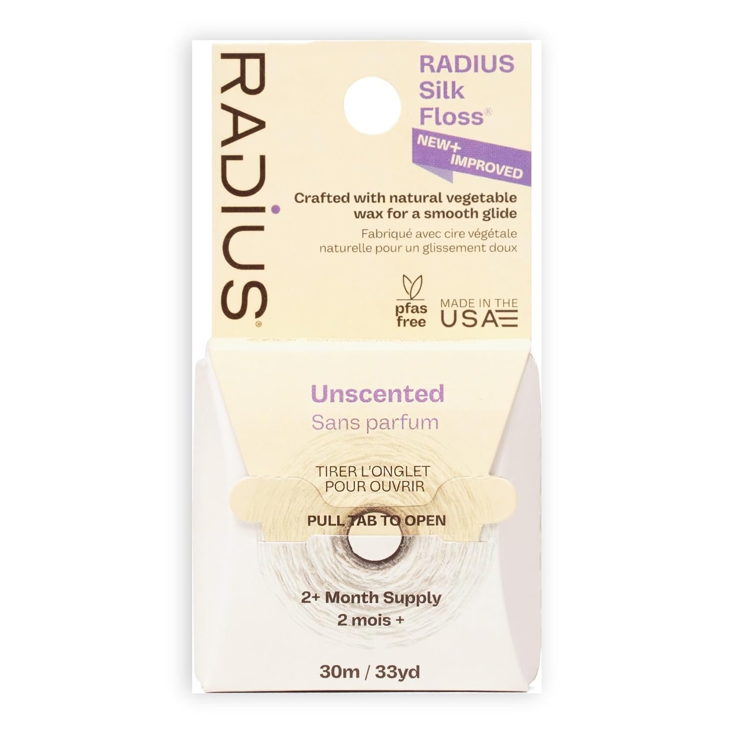 Radius Silk Dental Floss, Natural Biodegradable Floss for Sensitive Gums, PFAS Free, Compostable, Unscented, 30m / 33yd, Pack of 1