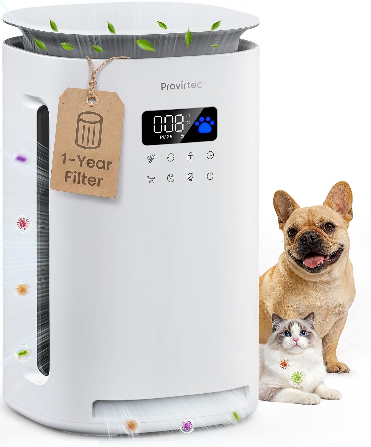 Provirtec Pet Air Purifier for Home with 2 Washable Pre-Filters, H13 HEPA
