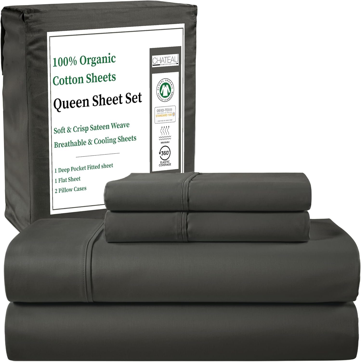 Organic Cotton Sheets Queen Size Set, 15″ Deep Pocket Bed Sheets -Charcoal