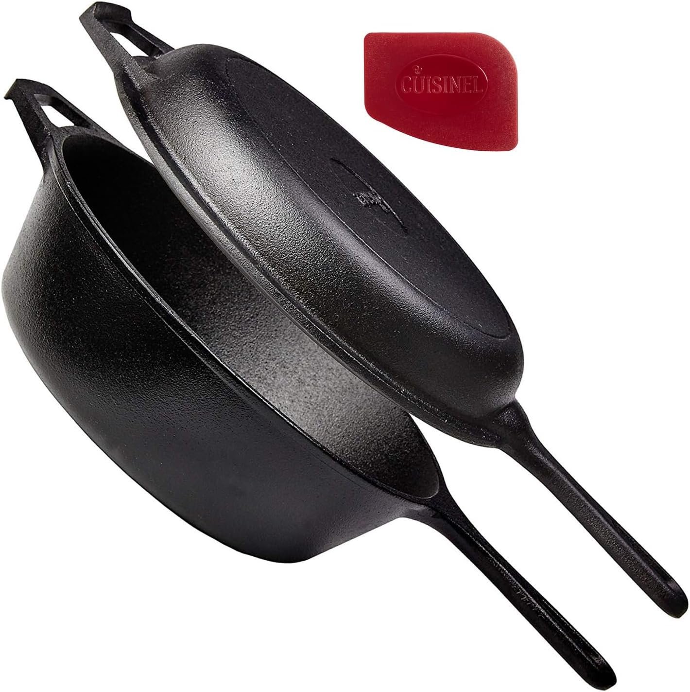 Cuisinel Cast Iron Skillet + Lid – 2-In-1 Multi Cooker – Deep Pot + Frying Pan – 3-Qt Dutch Oven – Pre-Seasoned Oven Cookware – Works for Bread, Indoor/Outdoor, Grill, Stovetop and Induction
