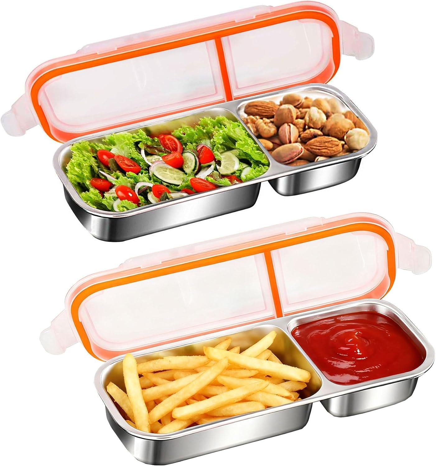 MINGRI Stainless Steel Snack Containers,2 Compartments Metal Snack Pack Box with Lids, Kid’s Divided Food Storage Containers Sauce Cups for Football,Game Night,School,Leak-Proof(2 Pack)