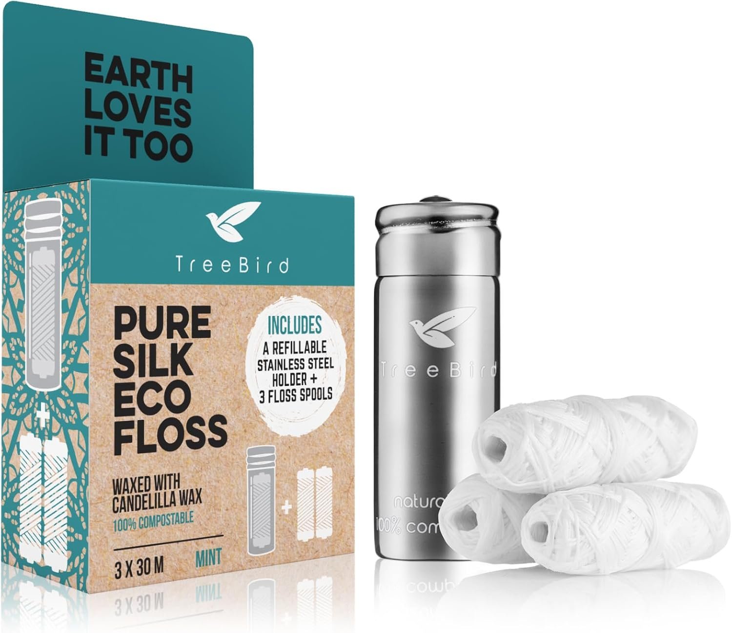 TreeBird Pure Silk Eco Floss Kit – Refillable Floss Dispenser (Stainless Steel) + 3×33 yd Silk Refills | Waxed with Candelilla Wax | Mint