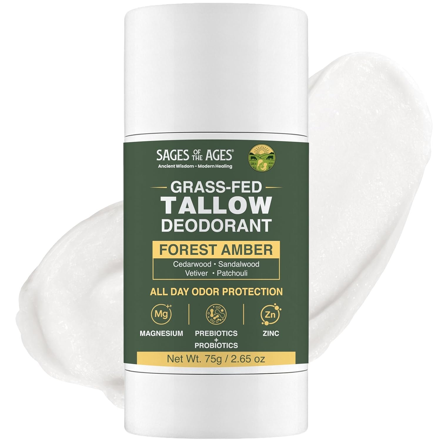 Beef Tallow Deodorant for Men & Women, Aluminum Free & Baking Soda Free Natural Deodorant with Magnesium, Prebiotic & Probiotic, 24 Hour Odor Protection, Forest Amber, 2.65 oz