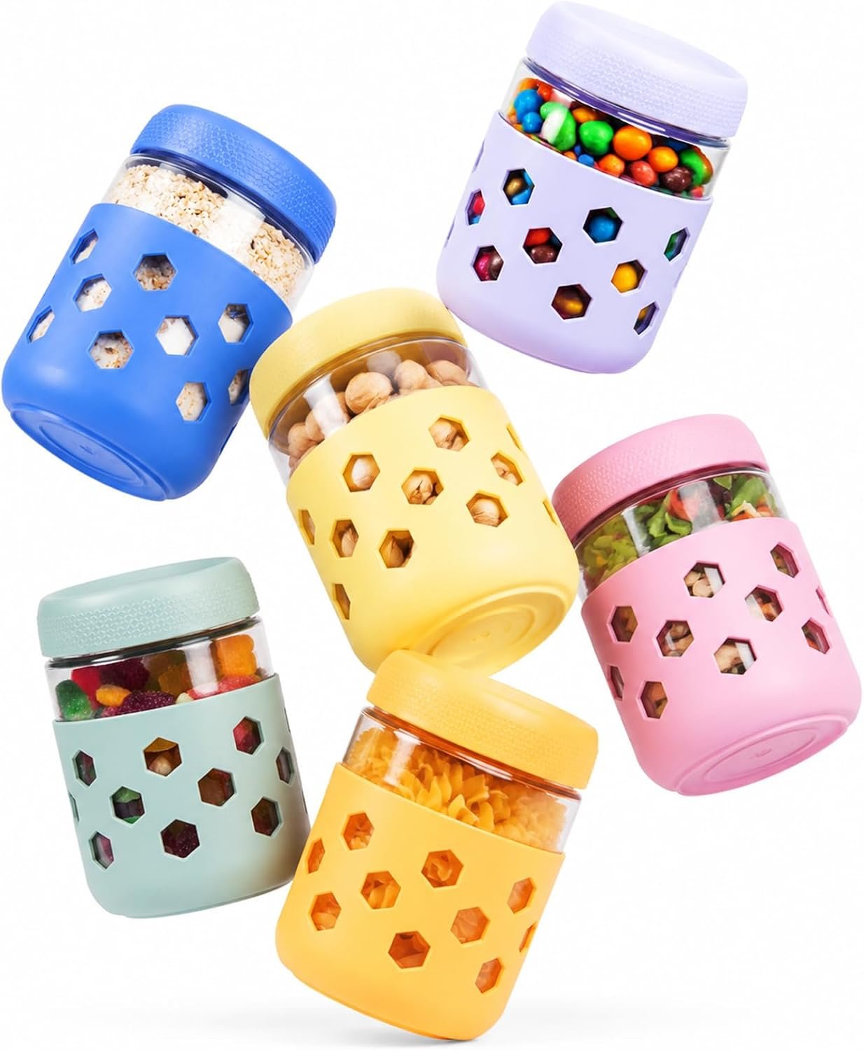 Gemice 6-Pack 16 oz Overnight Oats Containers with Lids and Silicone Sleeves, Glass Mason Jars with Airtight Lid, Dishwasher Safe, Wide Mouth Chia Seed Pudding Meal Prep Jar for Yogurt Berries Snack