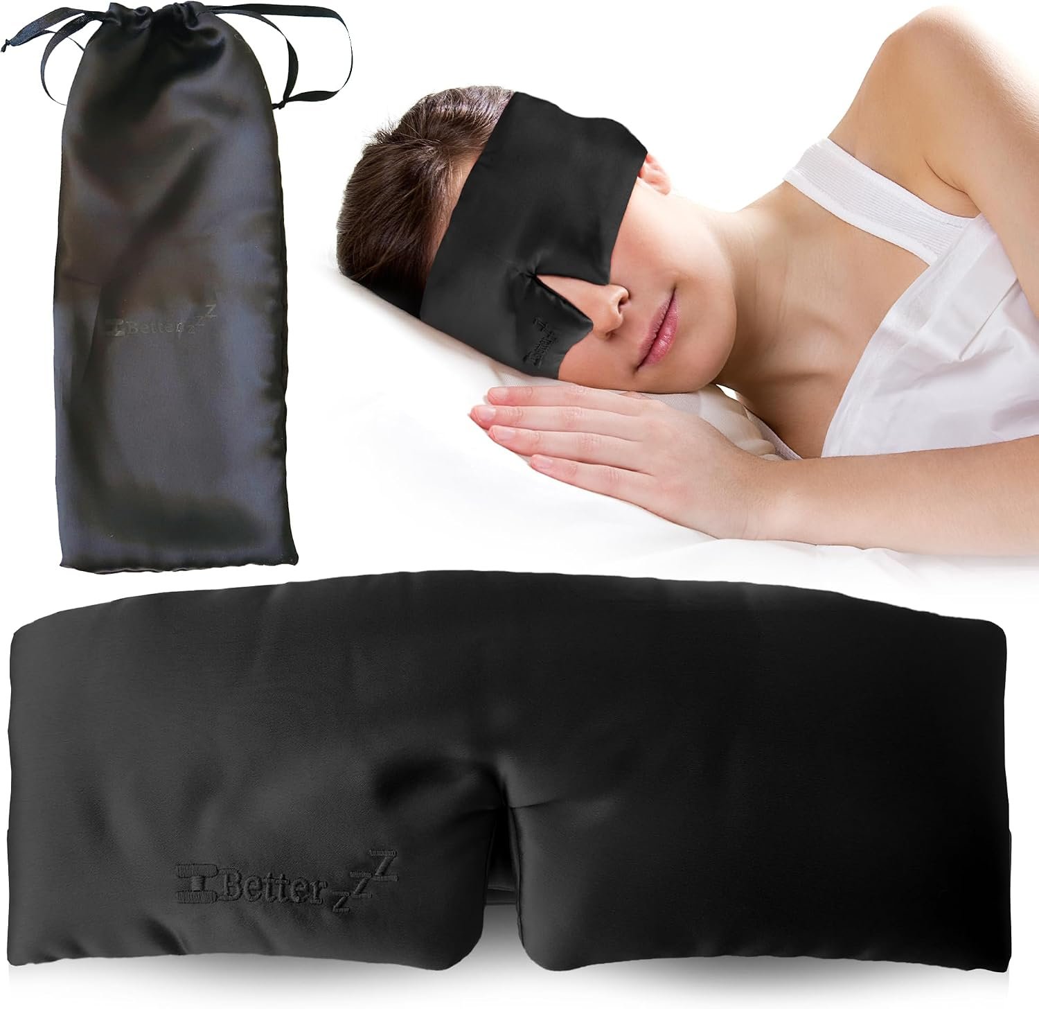 Better zzZ 100% Pure Mulberry Silk Sleep Mask for Women & Men – Adjustable Velcro Strap, Total Blackout, No Pressure Eye Mask for Deep Sleep & Travel Pouch Included – (Black)