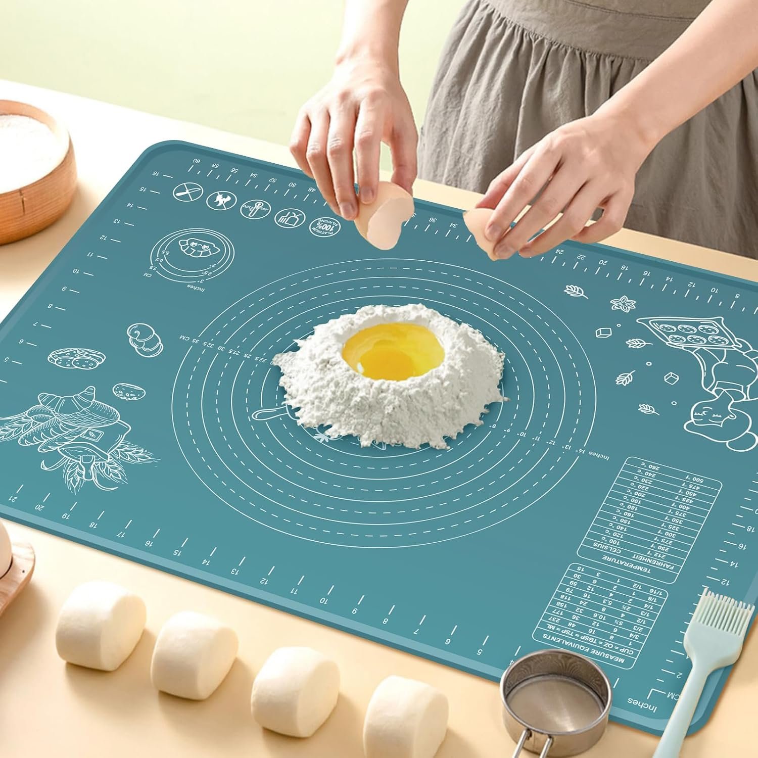 Silicone Pastry Mat 24″ x 16″ Extra Thick Non Stick Baking Mat with Measurements and Edge Heightening, Food Grade Silicone Rolling Mat for Pastry, Bread, Cookies, Pizza, Fondant, Pasta