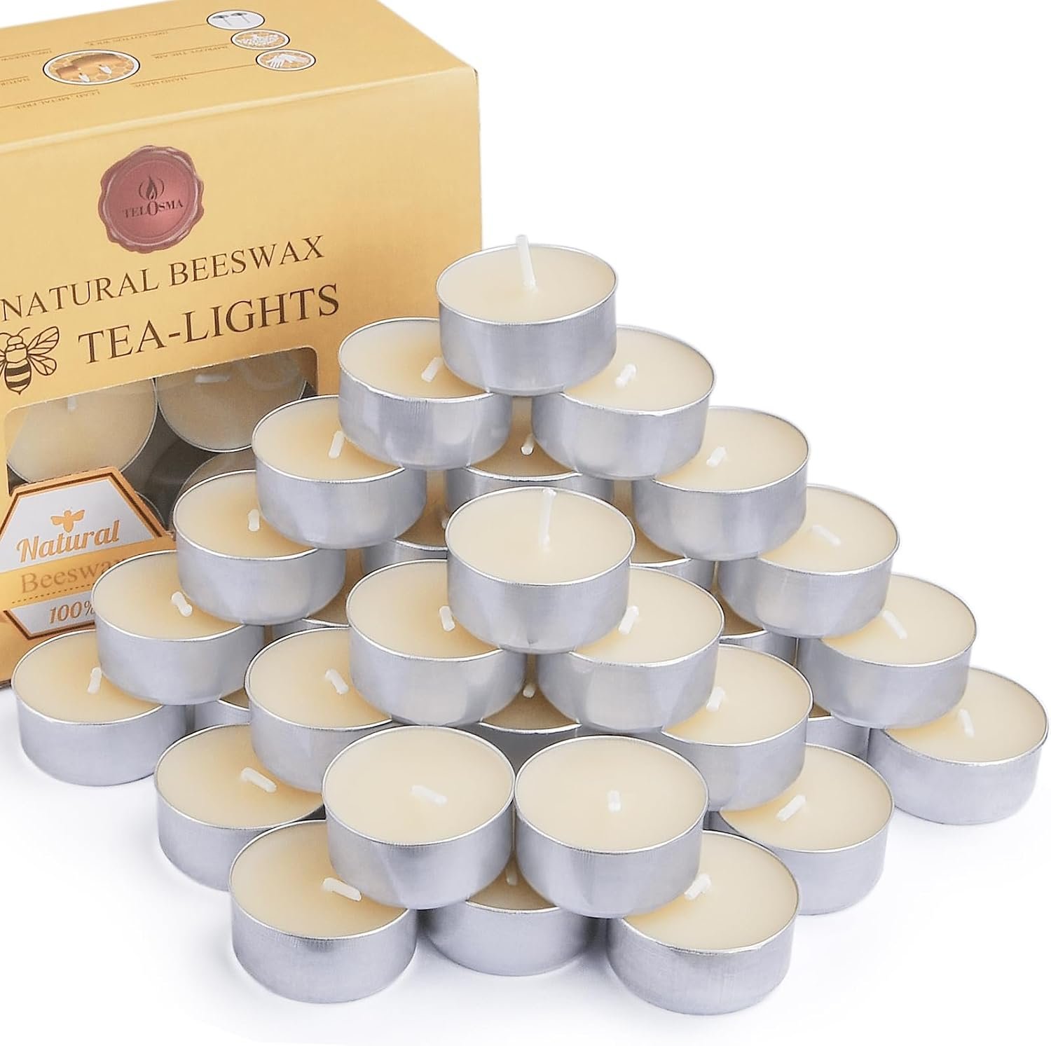 Natural Off White Beeswax Tealight Candles in Metal Aluminum Cup, 36-Pack
