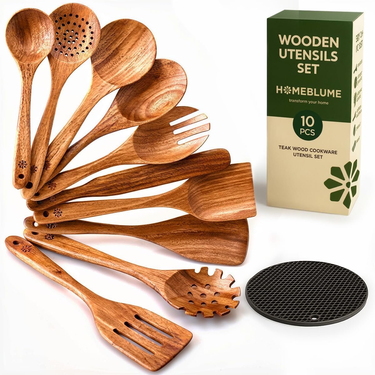 Teak Wood Cooking Utensils Set – 10 Wooden Kitchen Utensils for Cooking, Non-Scratch Natural Teak Wooden Cooking Utensil Set with Spatulas & Spoons