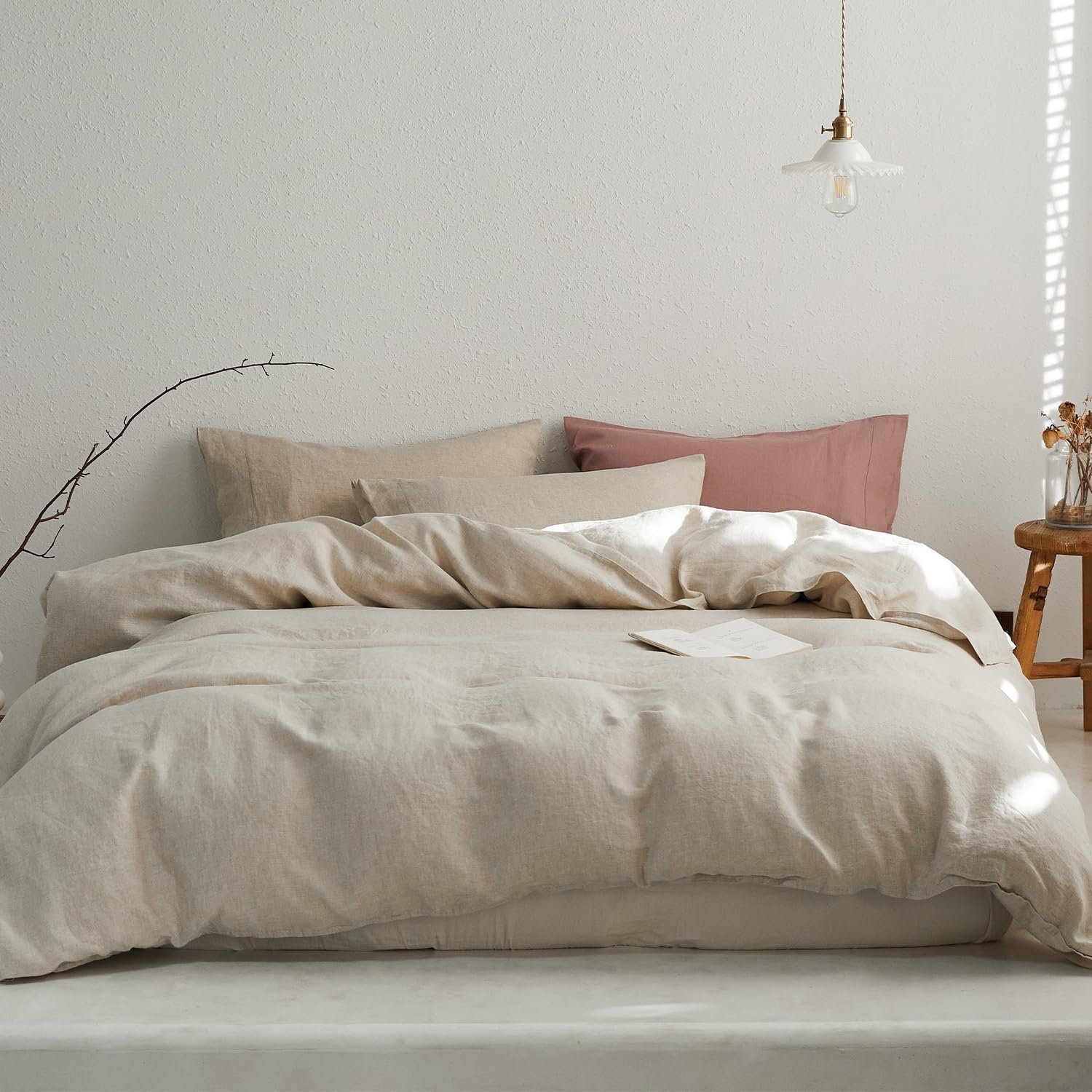 TOSMO 100% Linen Duvet Cover Set Queen, 3 Piece Soft Breathable