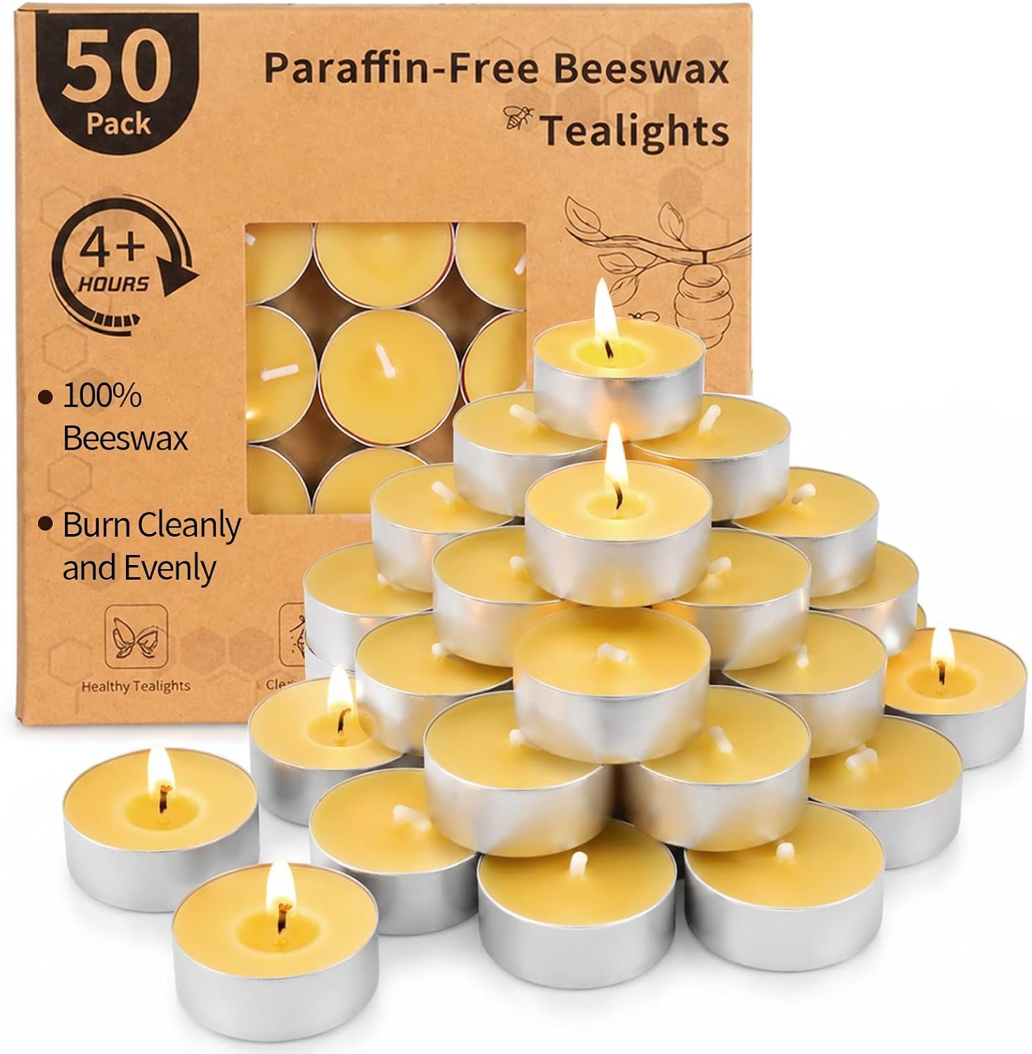 50 Packs Beeswax Tealight Candles, Pure Beeswax Candles Tea Lights Candle