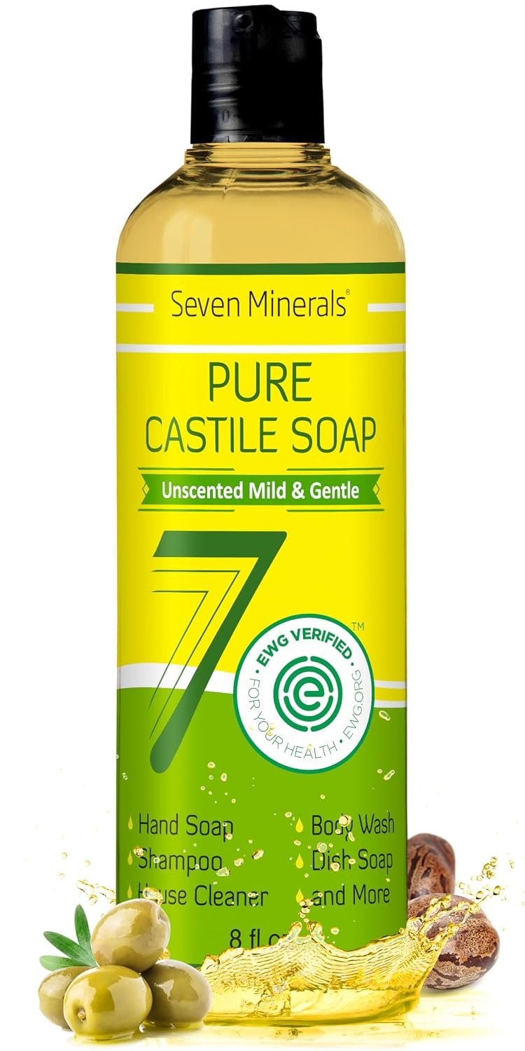 Seven Minerals Pure Castile Soap – No Palm Oil, GMO-Free – Gentle Liquid Soap For Sensitive Skin & Baby Wash – All Natural Vegan Formula with Organic Carrier Oils (8 Fl Oz, An Unscented)