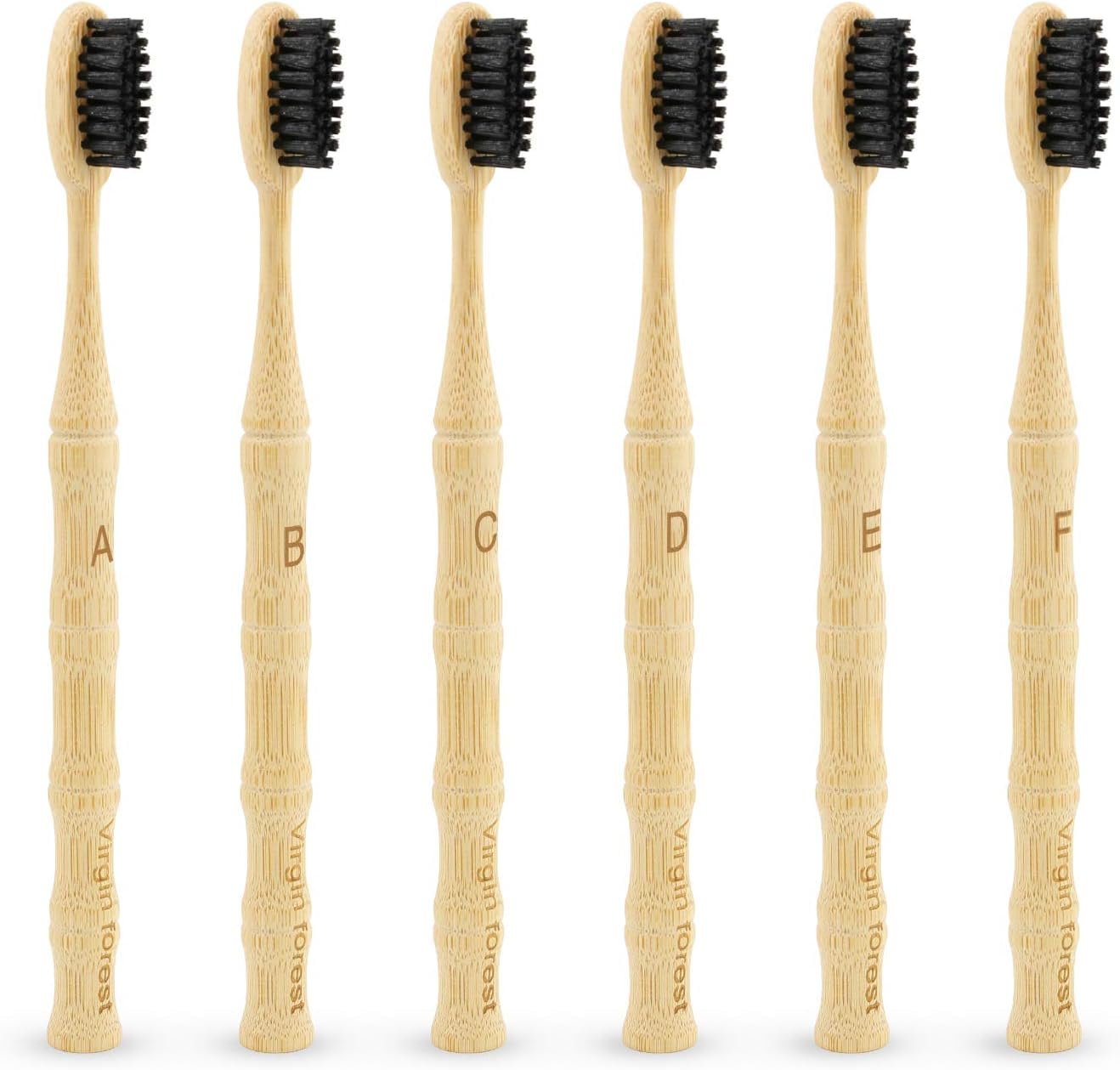 Virgin Forest Bamboo Toothbrushes 6pk, Vegan Charcoal Bristles Eco