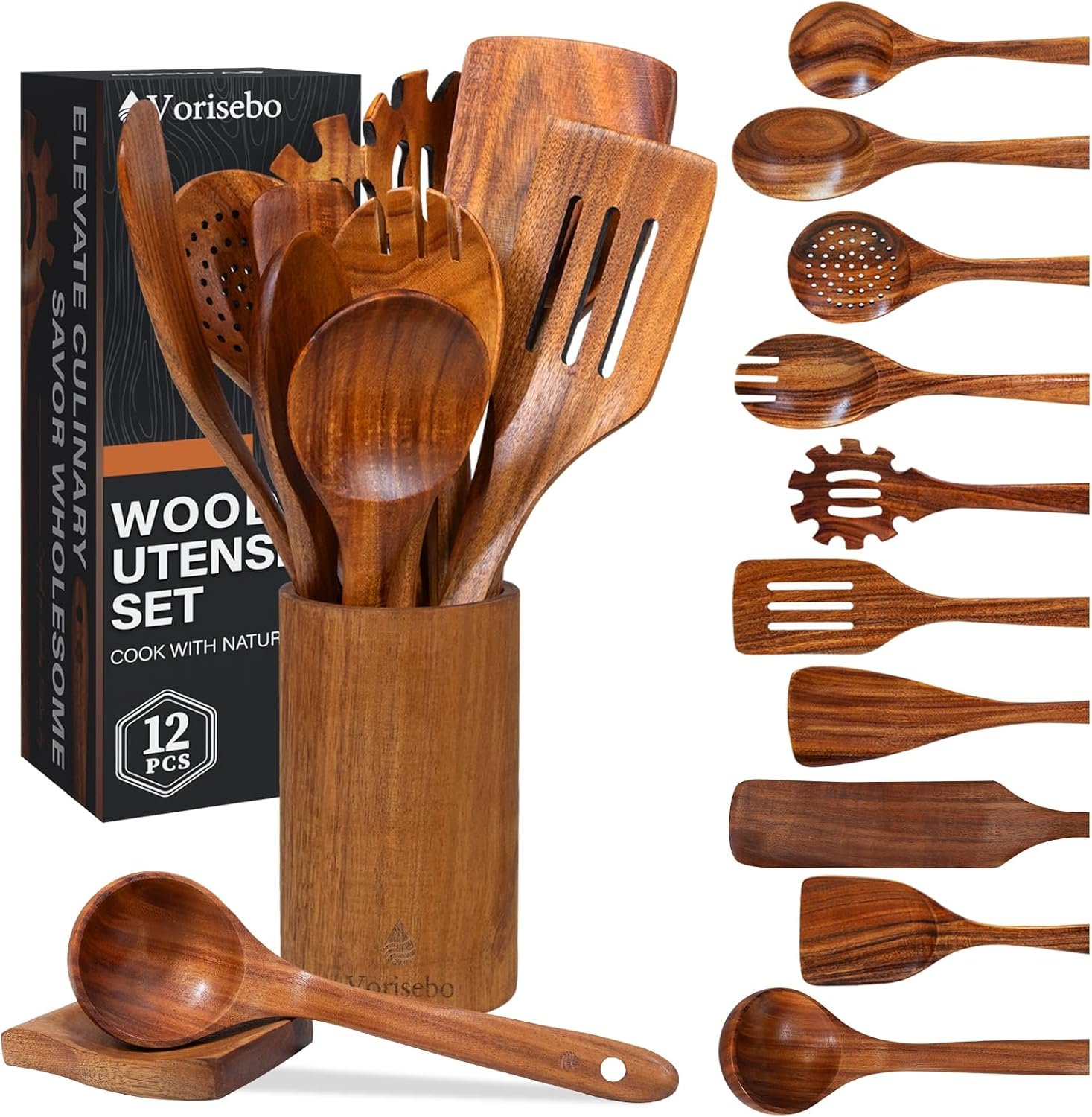 12 Pcs Teak Wooden Utensils Set, Wooden Spoons for Cooking