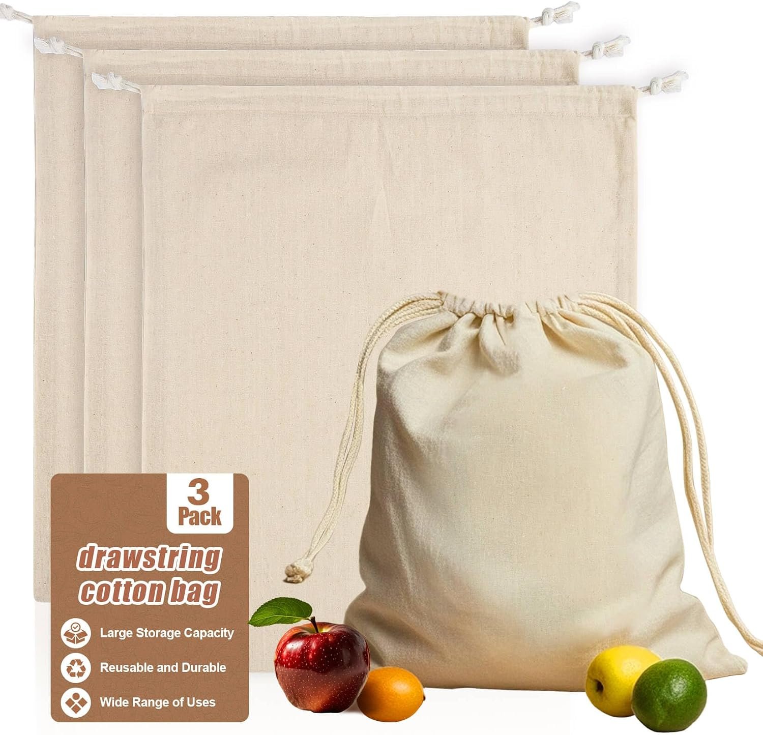 RAINFLOW Cotton Storage Bags with Drawstrings – Reusable Muslin Produce Bag
