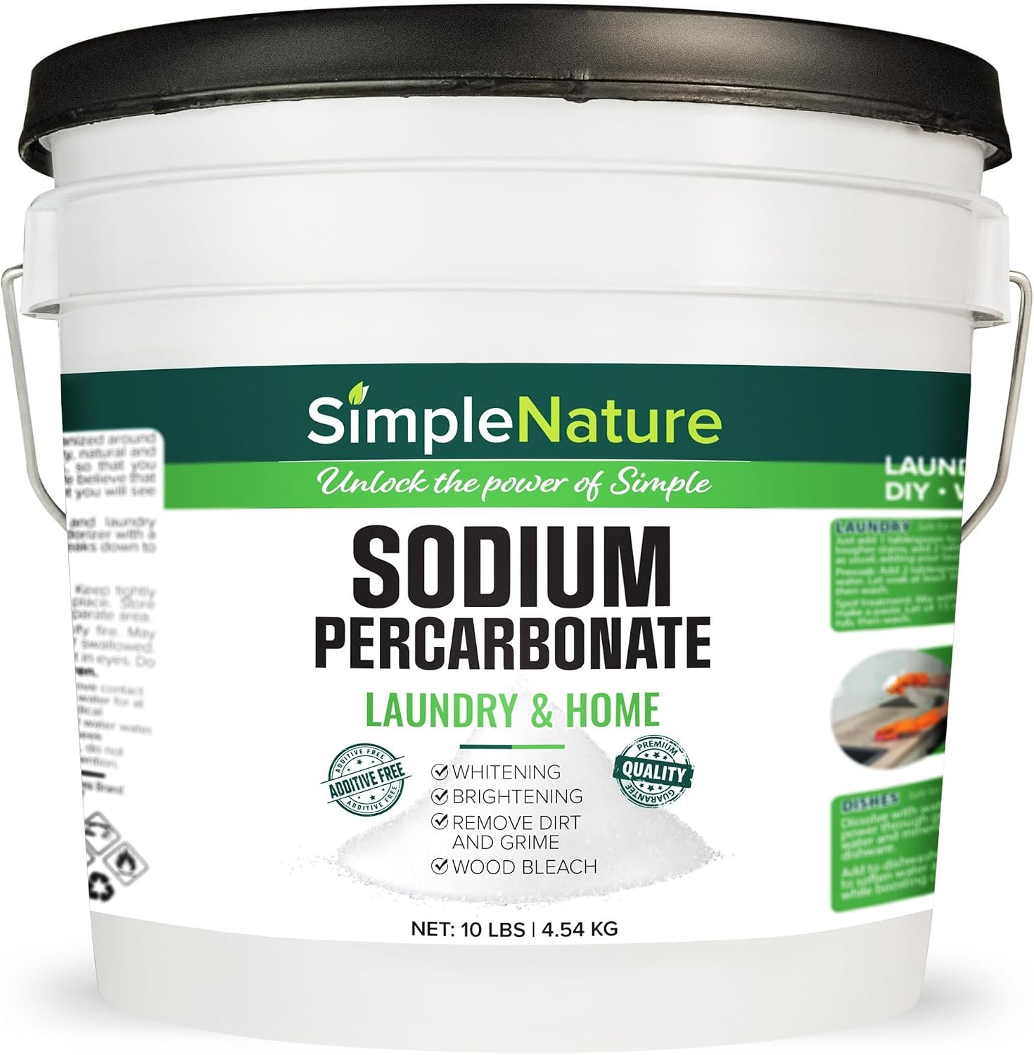 SimpleNature Sodium Percarbonate (10 lbs Pail) – Pure Oxygen Cleaner – Powerful, Natural Cleaner for Home, Laundry, and Decking – Convenient Resealable Container