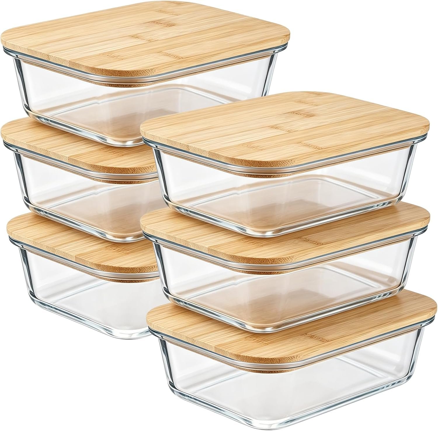 6 Pack Glass Food Storage Containers with Bamboo Lids, Stackable Meal Prep Containers, Clear Airtight Glass Bowls for Microwave, Oven, Freezer & Dishwasher Safe