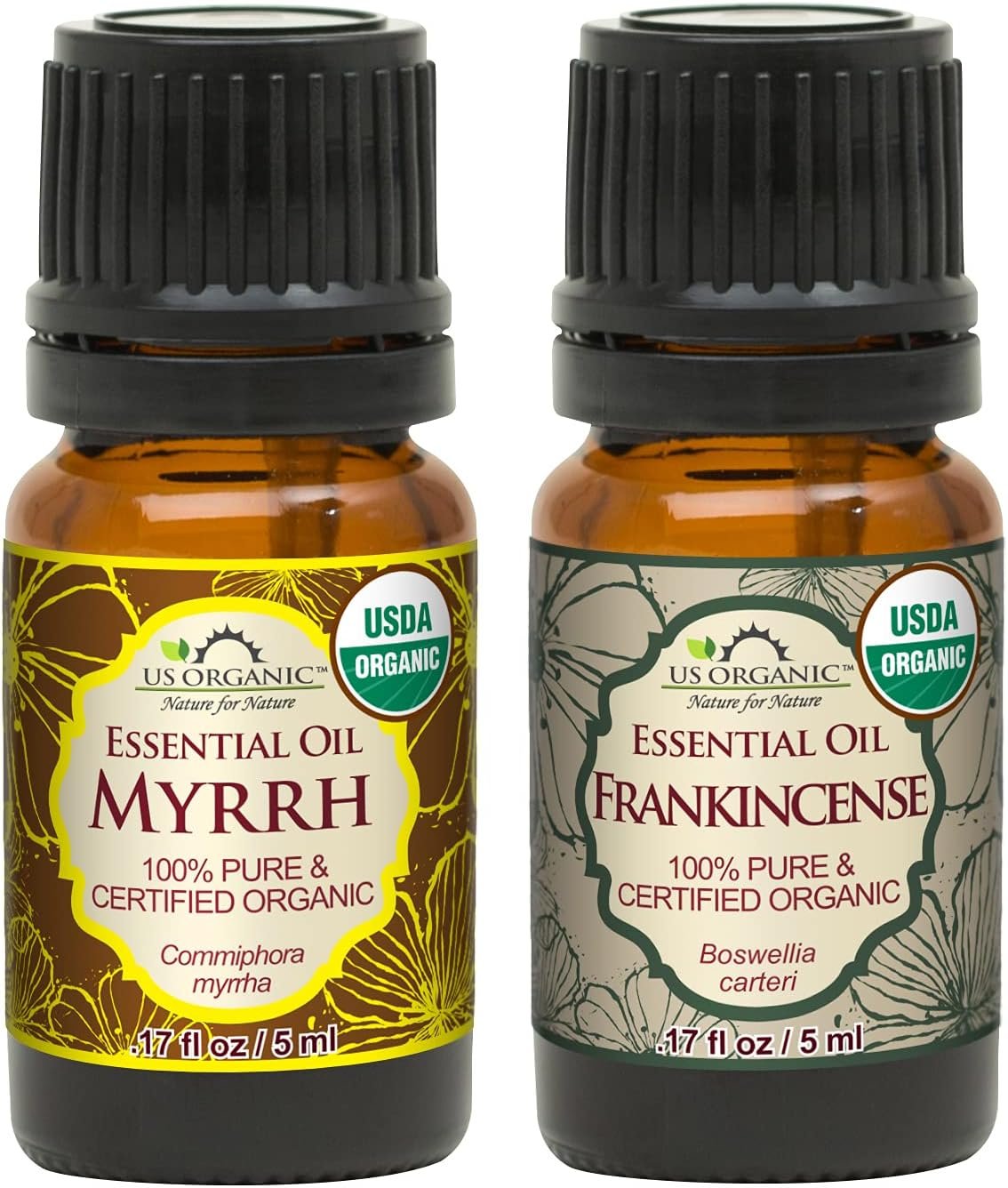 US Organic 100% Pure Myrrh, Frankincense Essential Oil Combo Pack – Directly sourced from The Horn of Africa – USDA Certified Organic – Use Topically or in Diffuser (5 ml Combo)