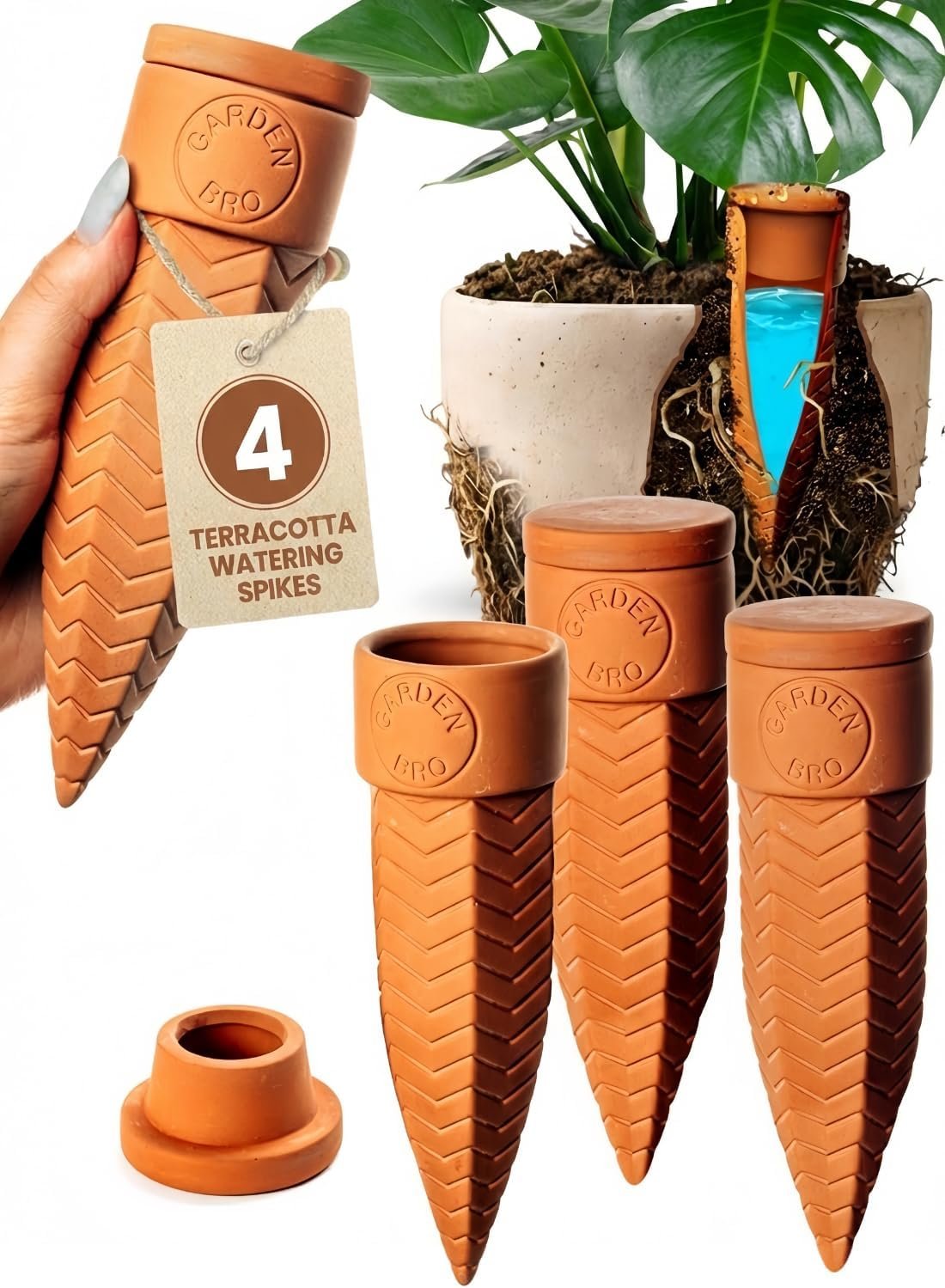 4pc Olla Watering Spikes For Plant Watering With Lids – Automatic Terracotta Self Watering Spikes For Indoor Plants & Outdoor – Terracotta Watering Spikes For 8″ Pots Or Larger Water Plants While Away