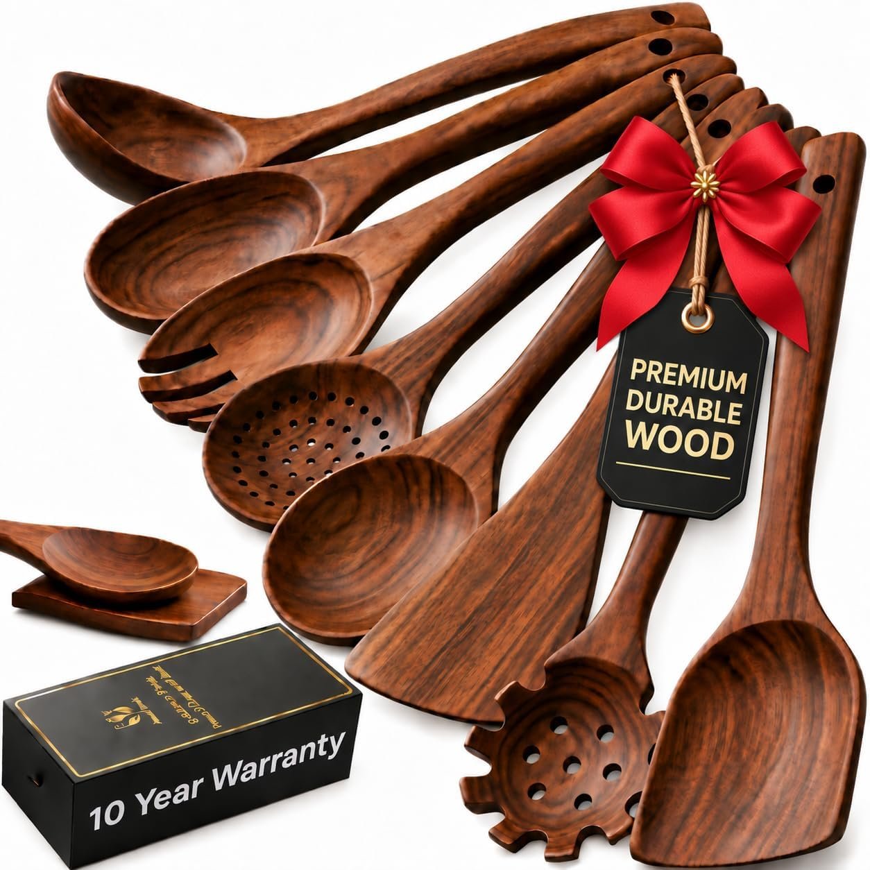 9-Piece Teak Wooden Utensil Set-Perfect Housewarming gift for new home, Birthday Gift-Wooden Utensil Set, Heat-Resistant, Non-Scratch, Durable Kitchen Tools
