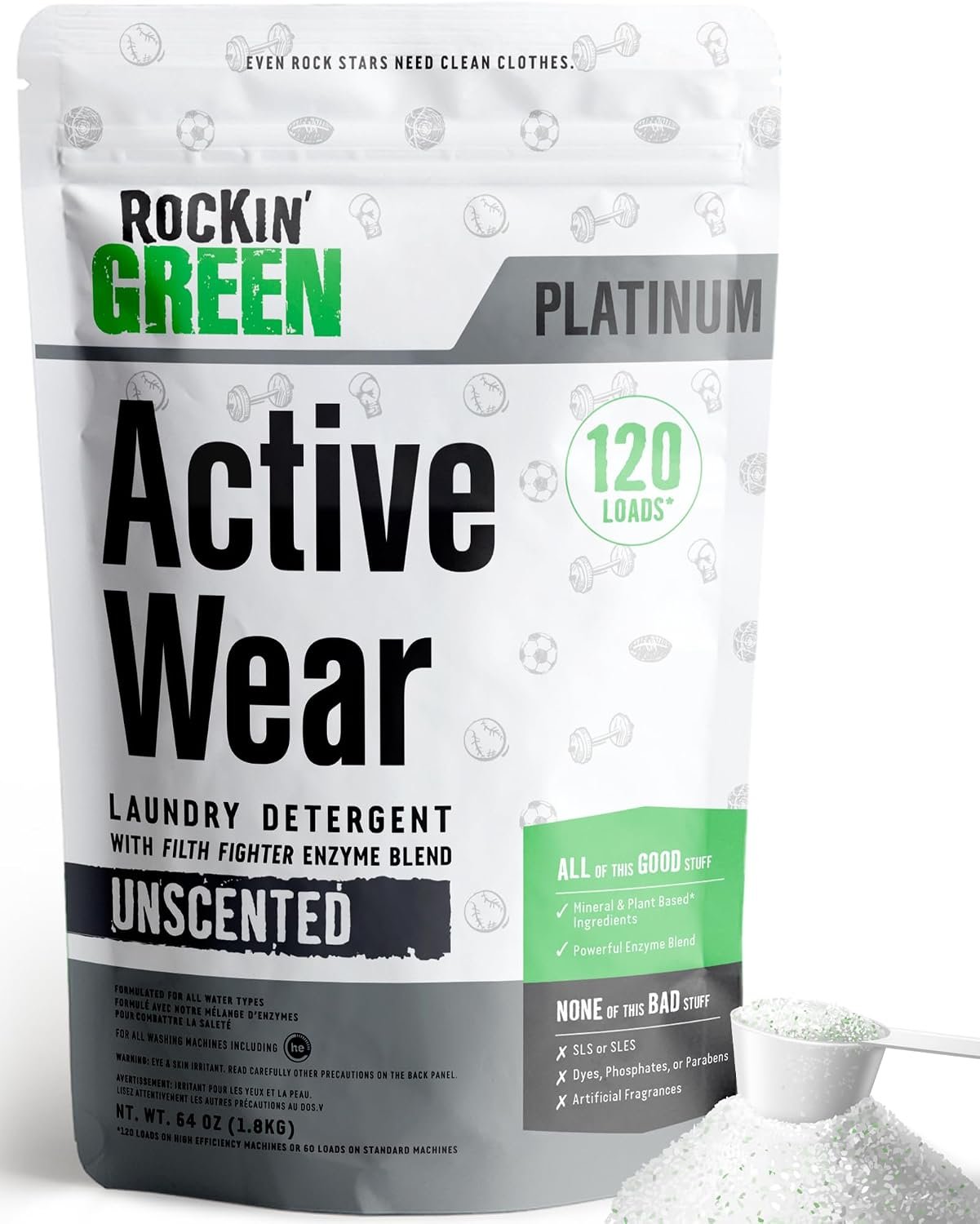 Rockin’ Green Active Wear Sport Laundry Detergent Powder Unscented 120 Lds