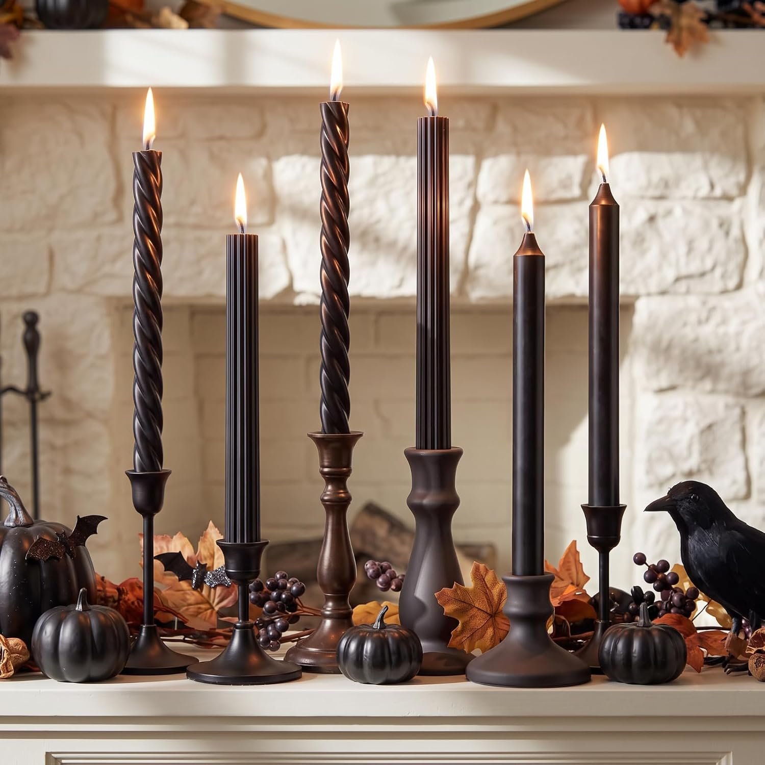 MTLEE 6 Pack Black Halloween Taper Candles, 10 in Unscented Candlestick Set