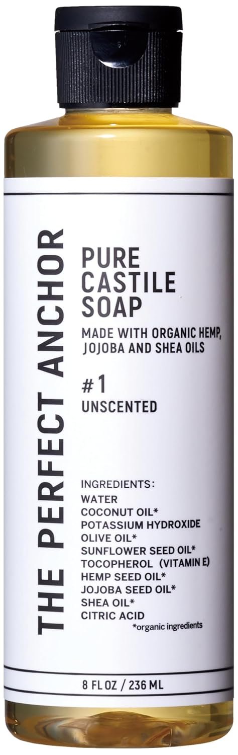 The Perfect Anchor Pure Castile Soap Unscented 8fl oz Face & Body Wash & Makeup Cleanser 100% Natural OTCO Organic Liquid Soap Vegan Palm-Oil-Free Japanese-Inspired (Formulated in Japan)